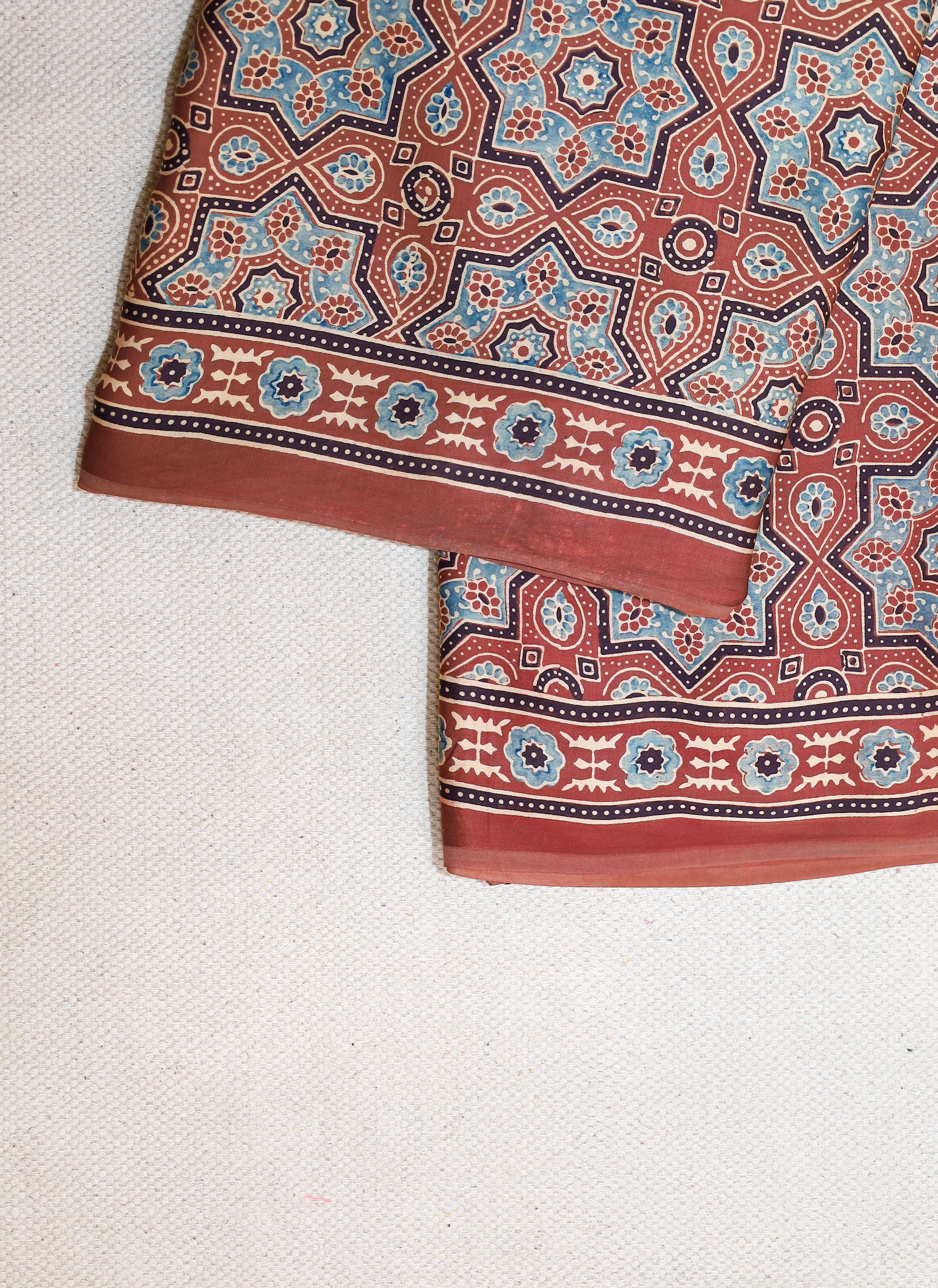 Ajrakh block printed Modal Silk Saree #23