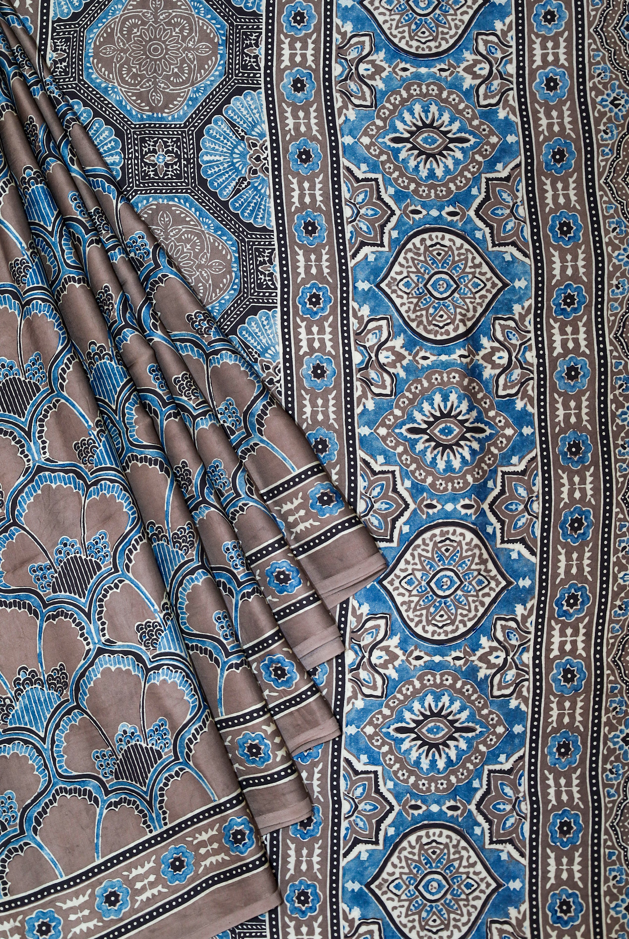 Ajrakh block printed Modal Silk Saree # 6