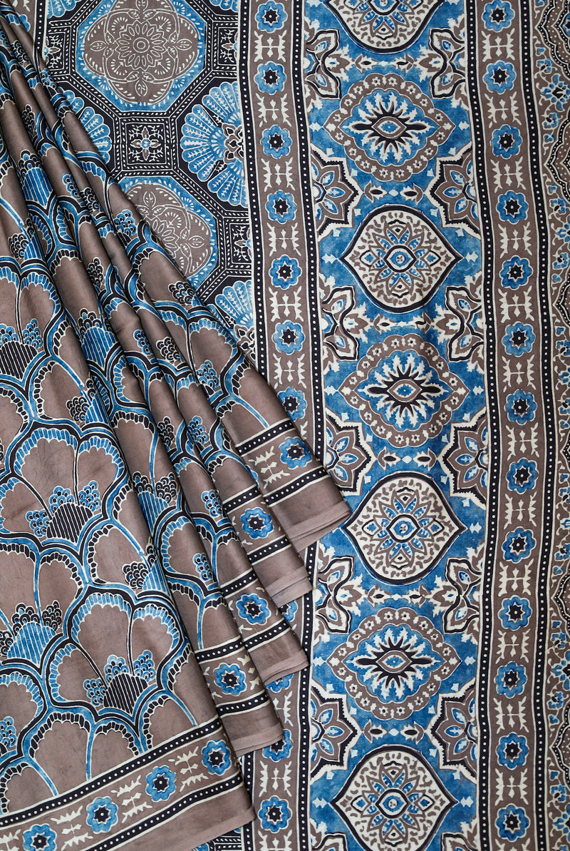 Ajrakh block printed Modal Silk Saree # 6