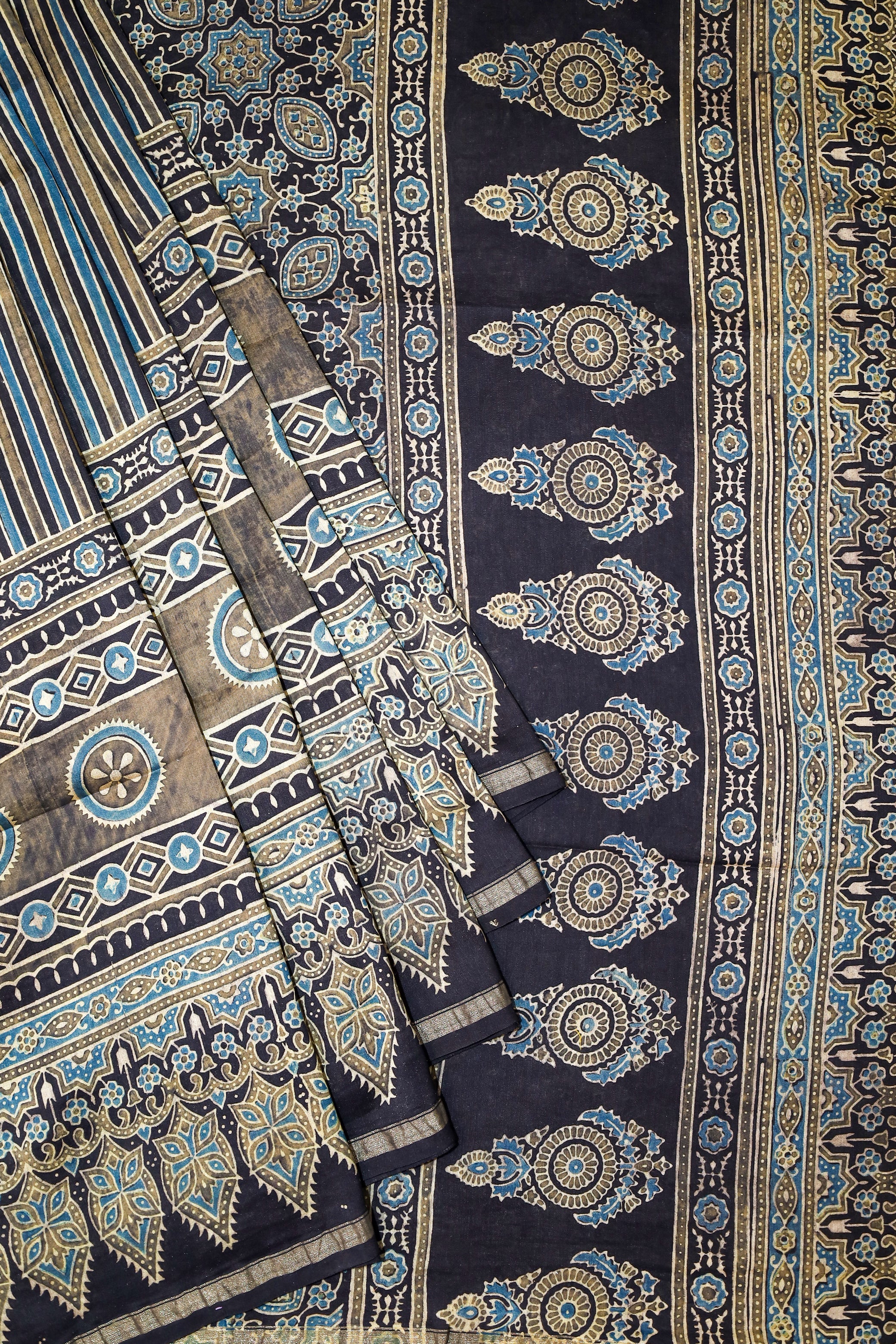 Ajrakh block printed Chanderi Silk Cotton Saree