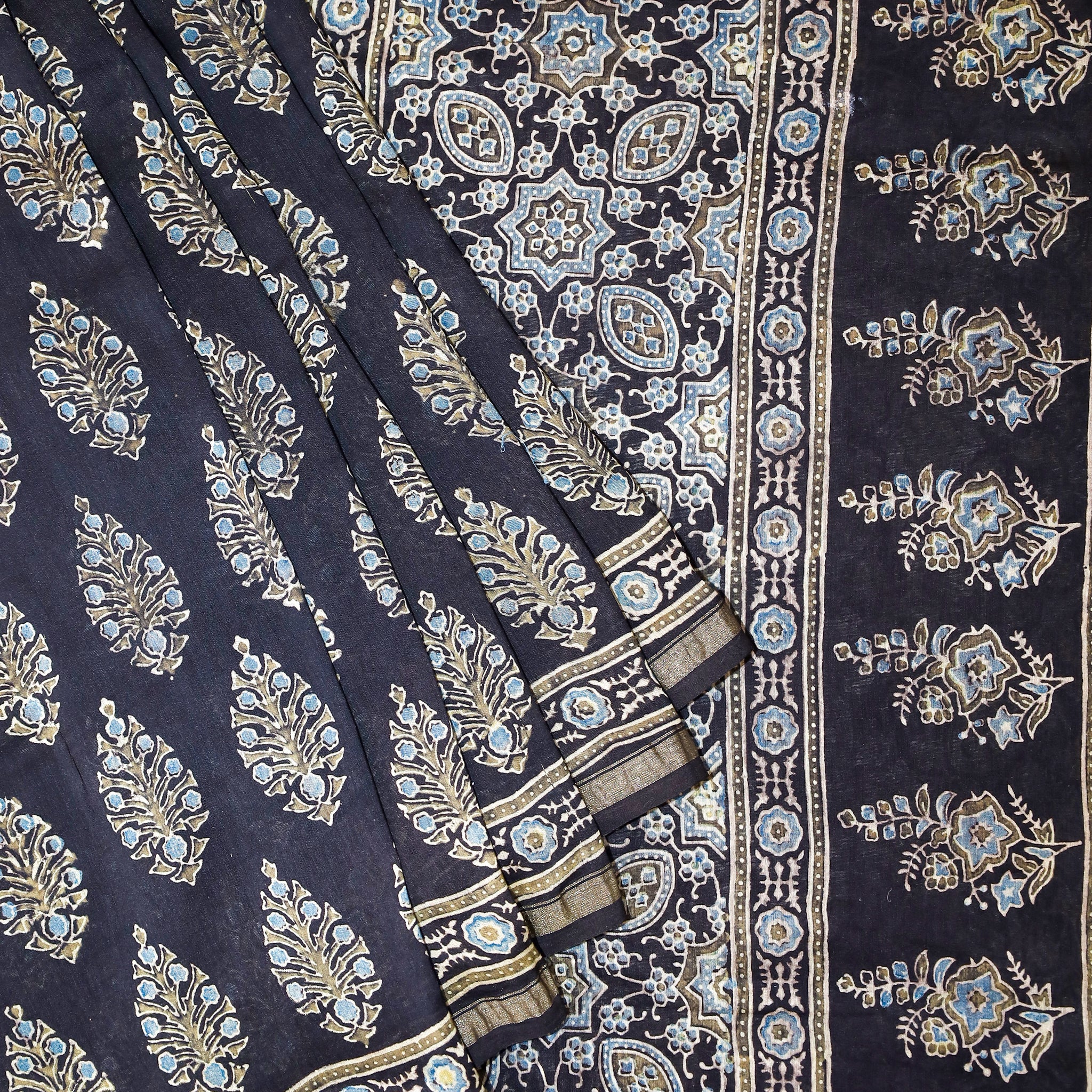Ajrakh block printed Chanderi Silk Cotton Saree