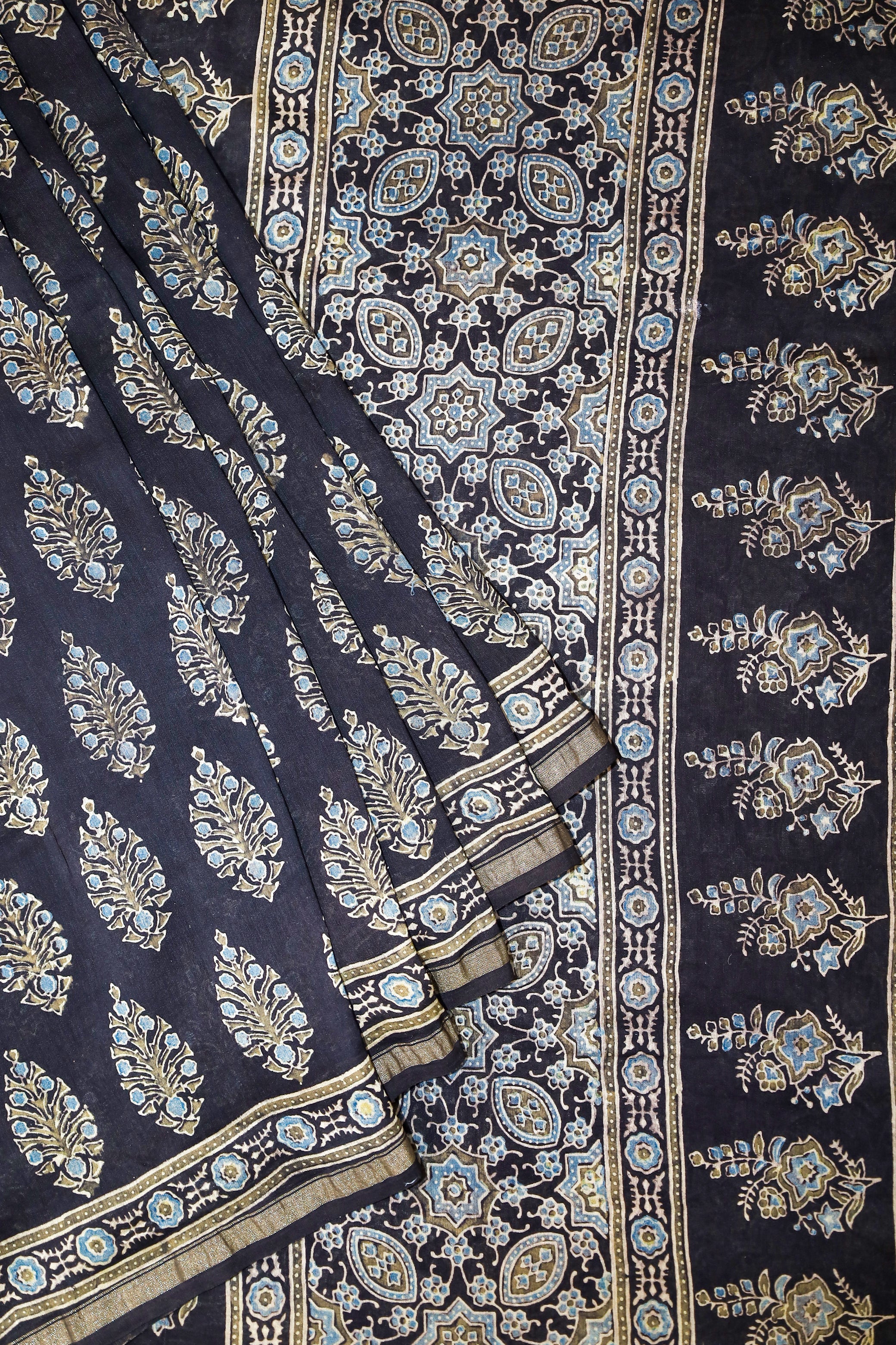 Ajrakh block printed Chanderi Silk Cotton Saree