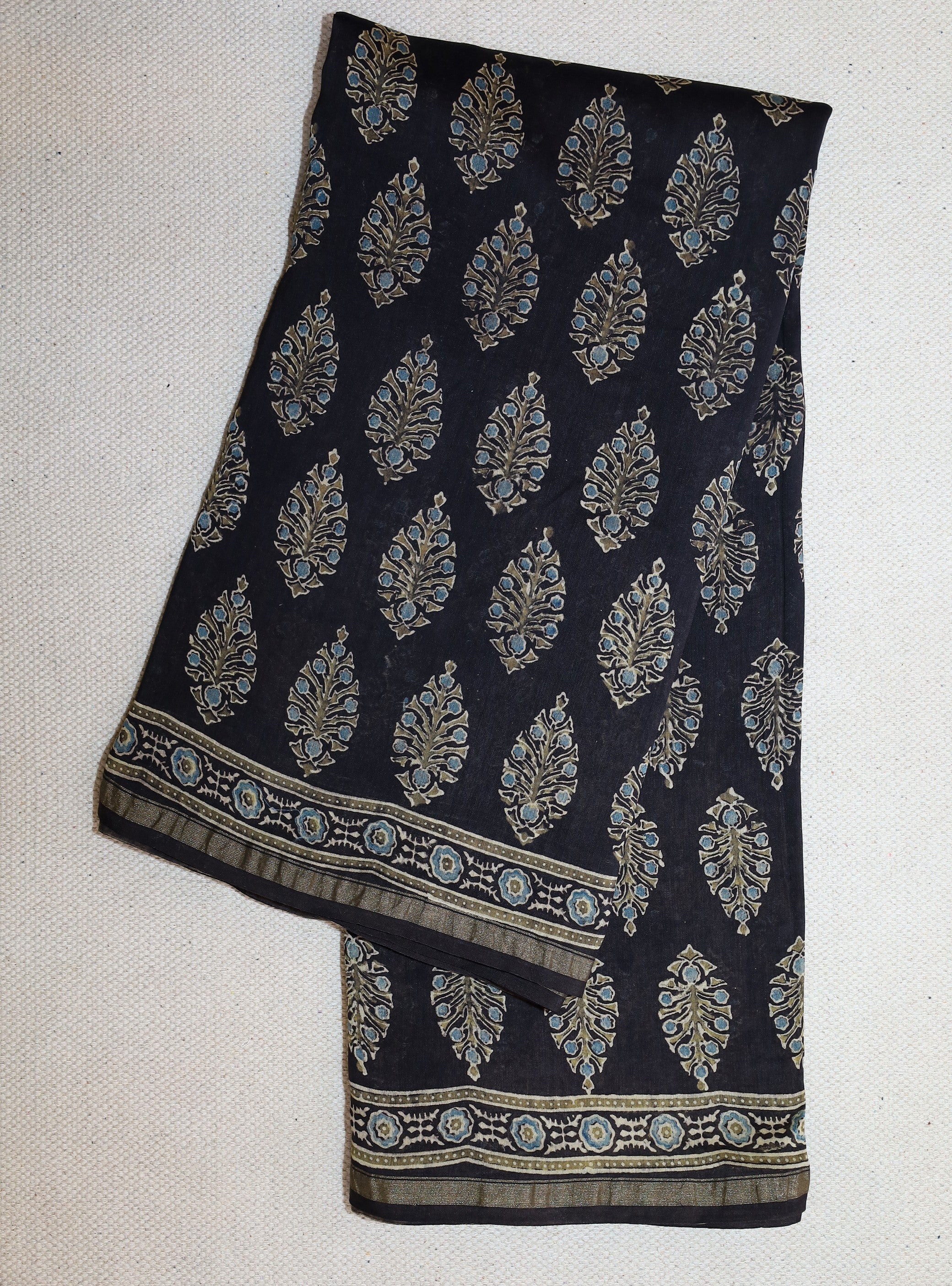 Ajrakh block printed Chanderi Silk Cotton Saree