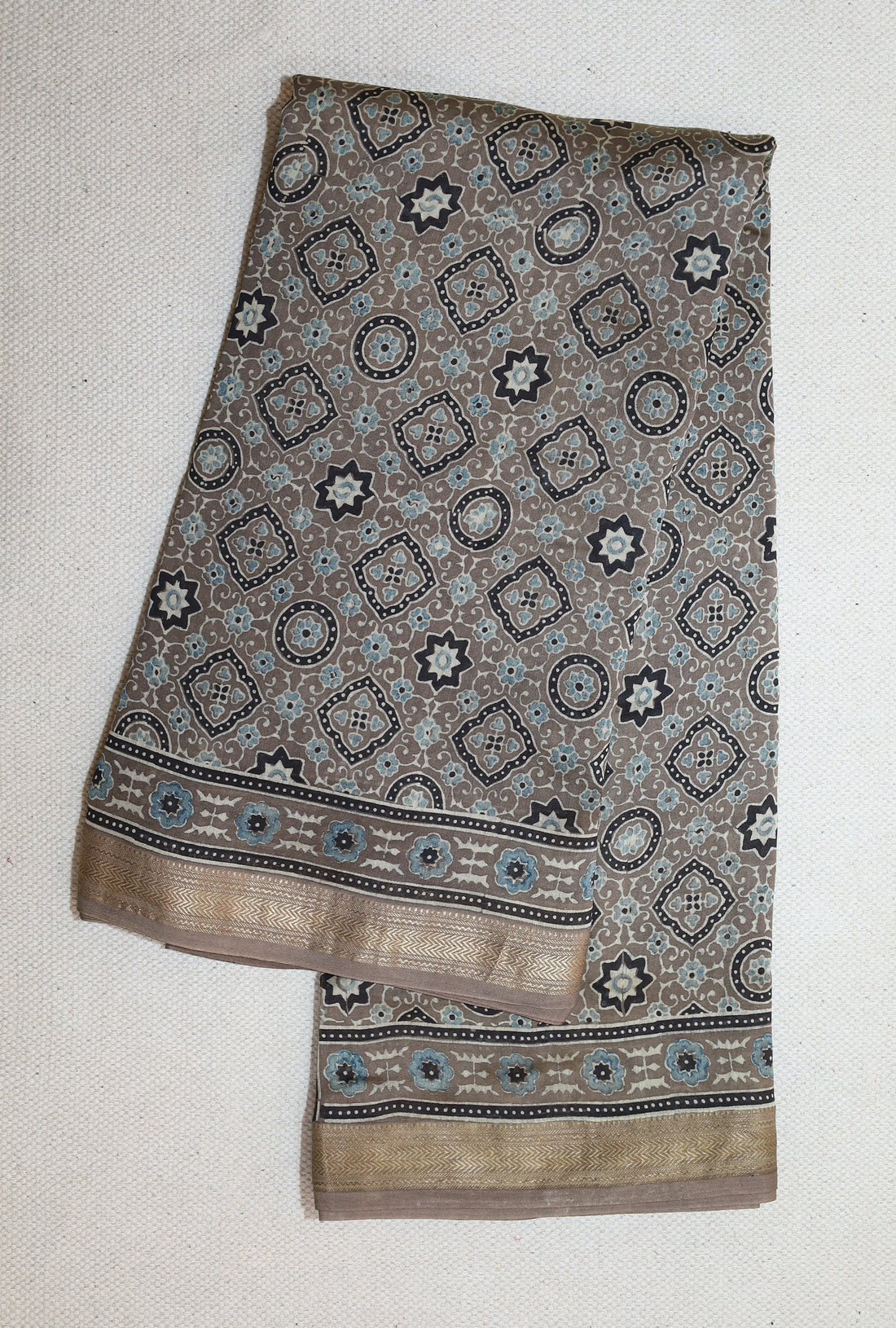 Ajrakh block printed Maheshwari Silk Cotton Saree