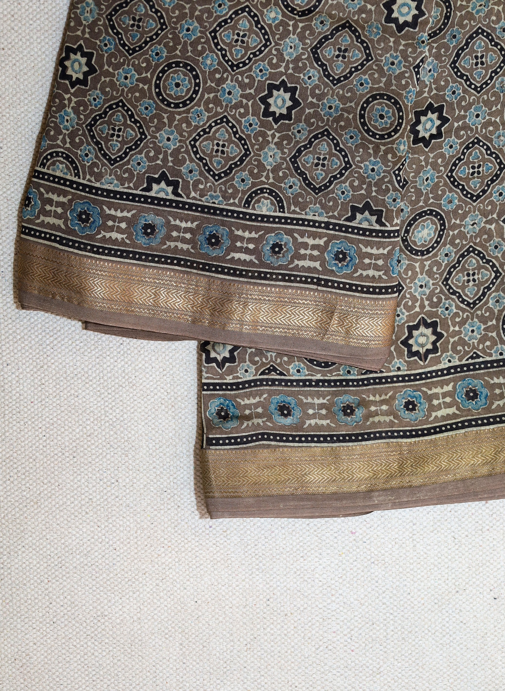 Ajrakh block printed Maheshwari Silk Cotton Saree