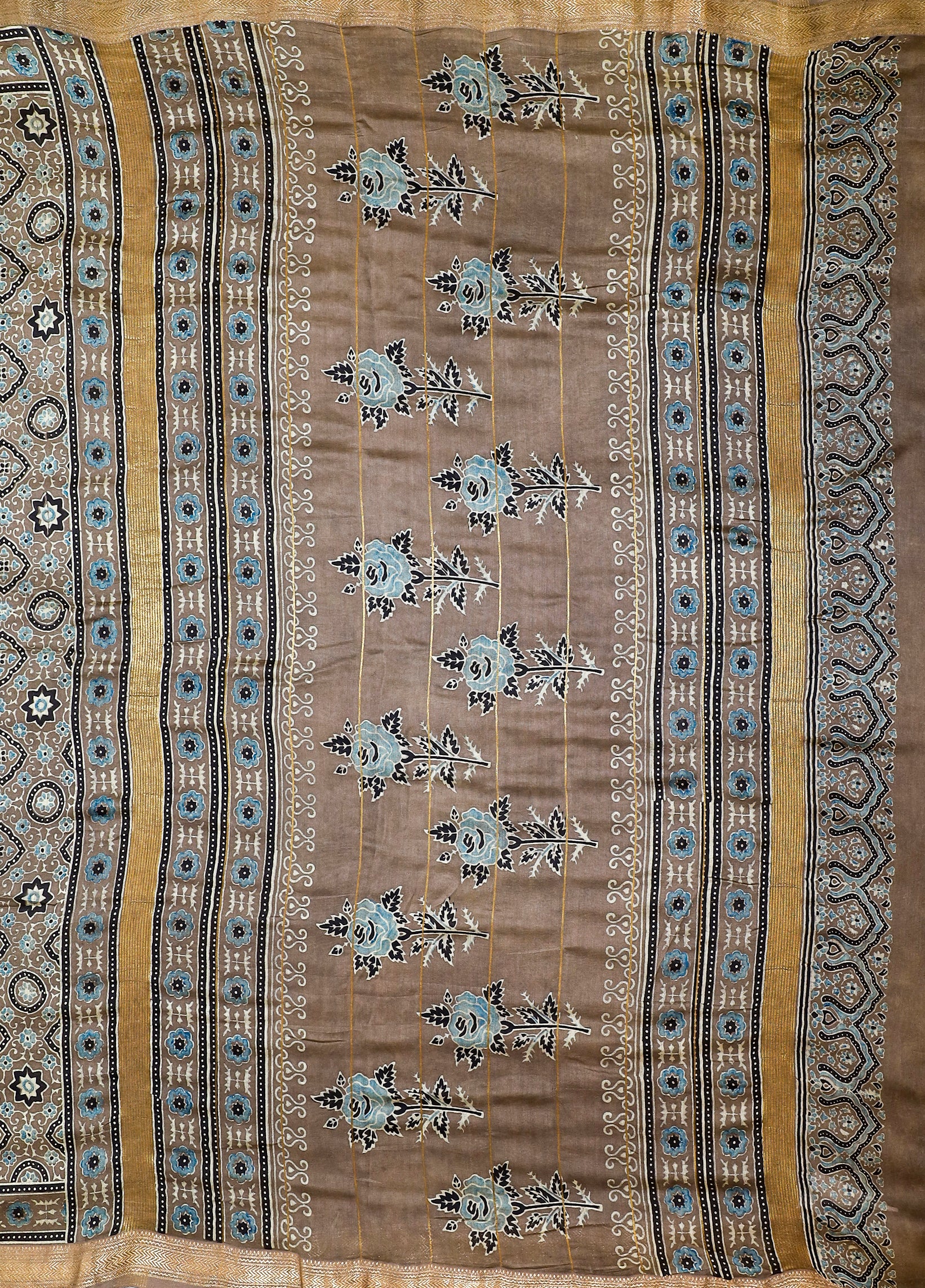 Ajrakh block printed Maheshwari Silk Cotton Saree