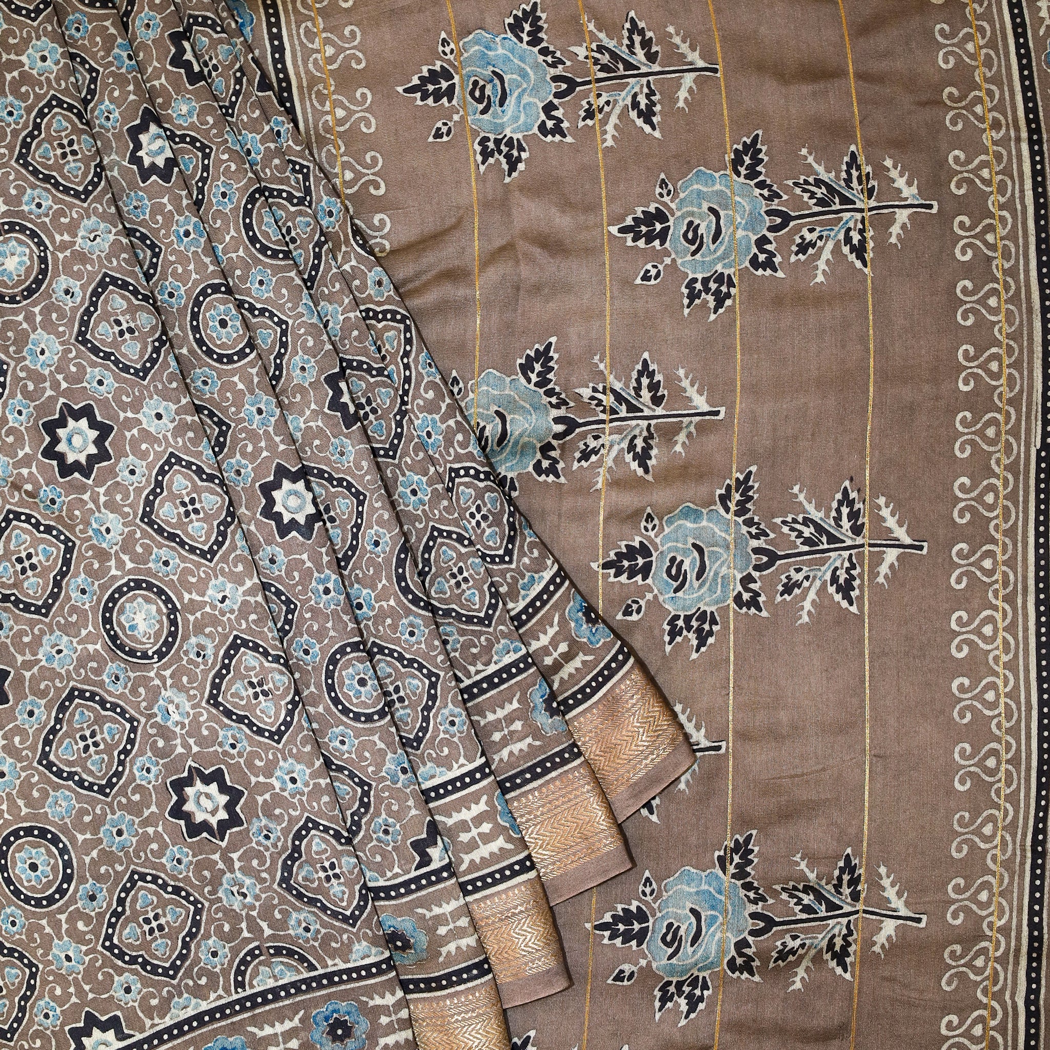 Ajrakh block printed Maheshwari Silk Cotton Saree