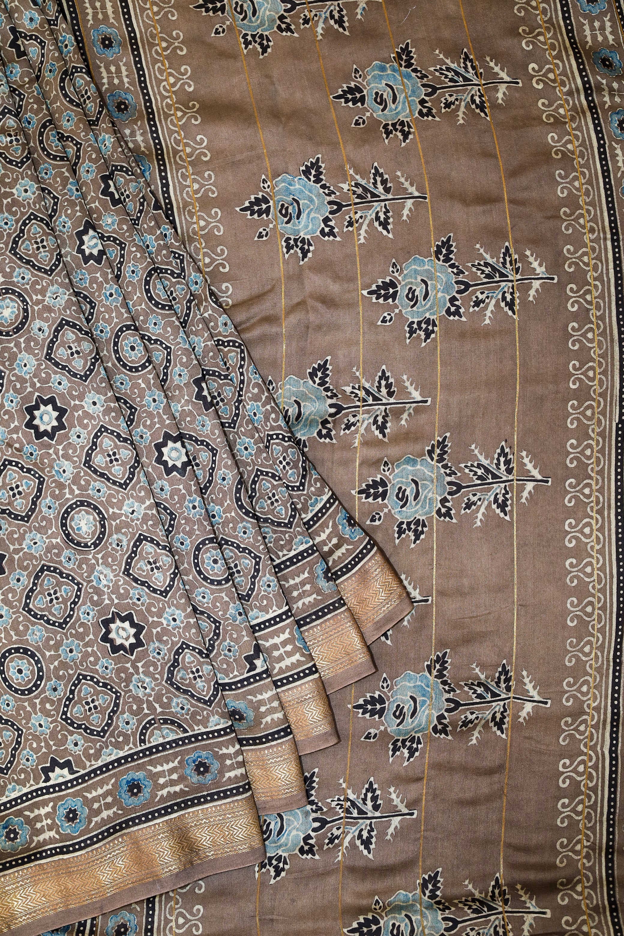 Ajrakh block printed Maheshwari Silk Cotton Saree