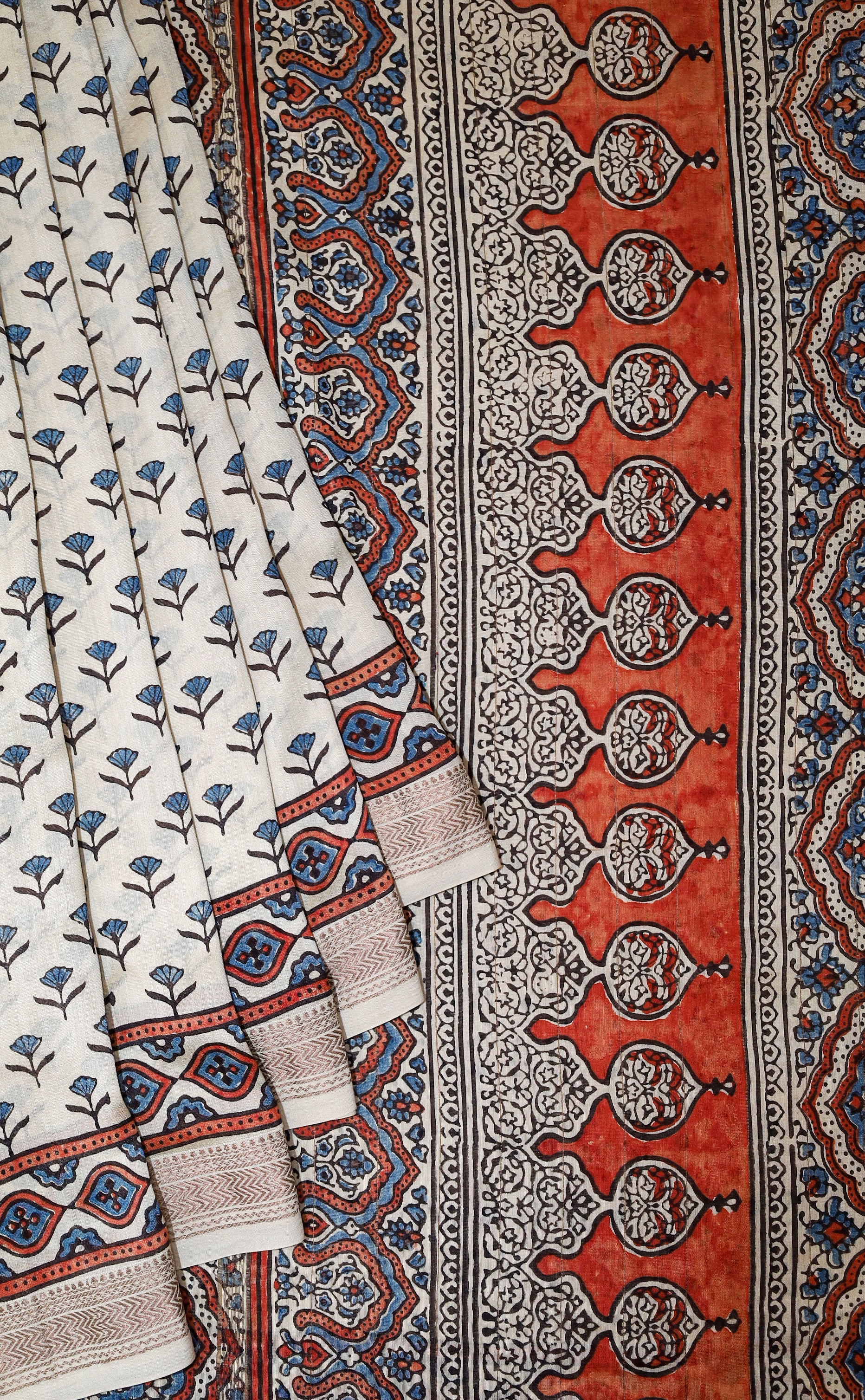 Ajrakh block printed Maheshwari Silk Cotton Saree # 12