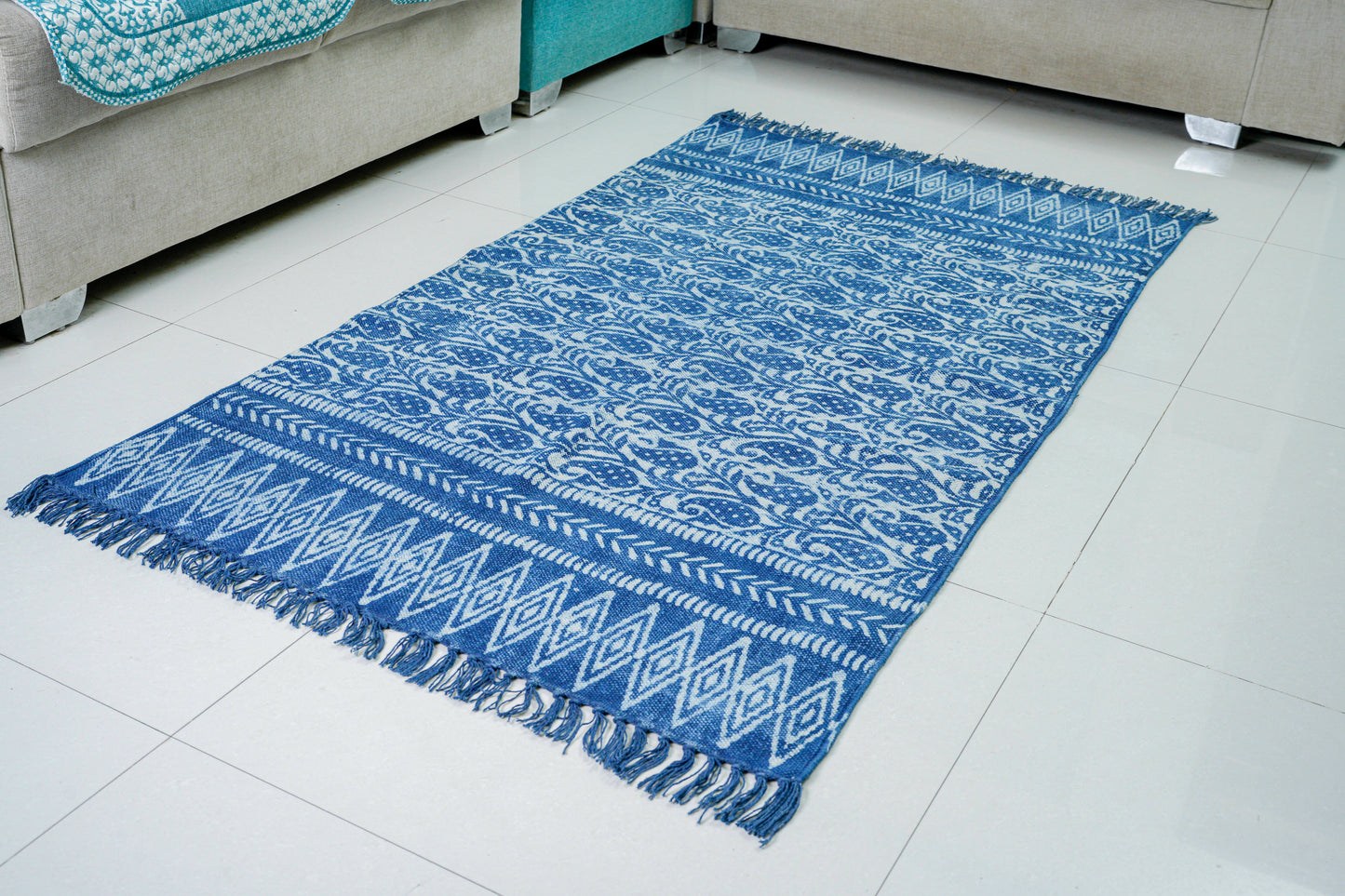 Neeli Kairi | Hand Block Printed Rugs | 100% Cotton| Stone Washed| Hand knotted tassels