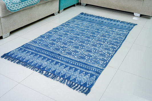 Neeli Kairi | Hand Block Printed Rugs | 100% Cotton| Stone Washed| Hand knotted tassels