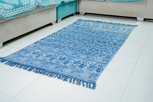 Phoolon ka Sej | Hand Block Printed Rugs| 100% Cotton| Stone Washed| Hand knotted tassels