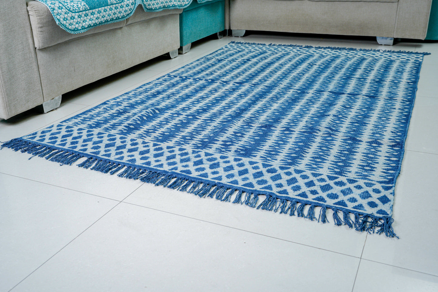 Samantar Rekha | Hand Block Printed Rugs| 100% Cotton| Stone Washed| Hand knotted tassels