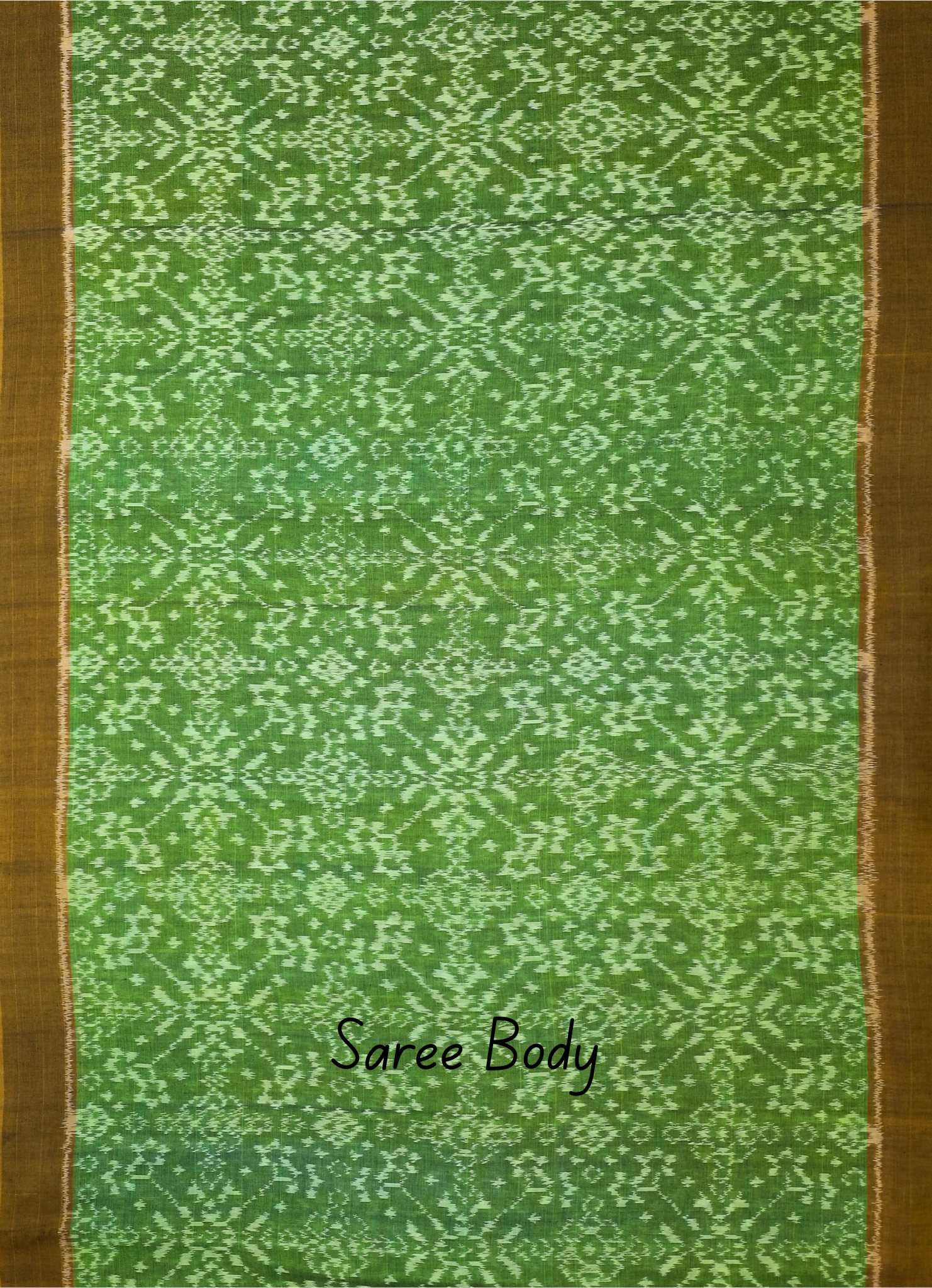 Green saree body with a subtle pattern and brown border