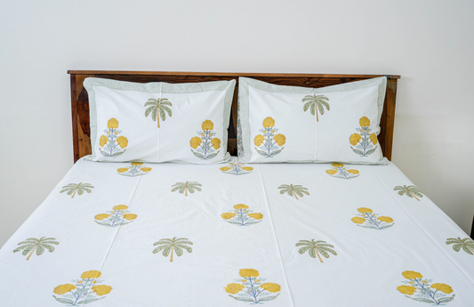 Genda phool | Handblock printed Bedsheet|Double bed: Queen Size|210 TC Premium Cotton|Complementing pillow covers