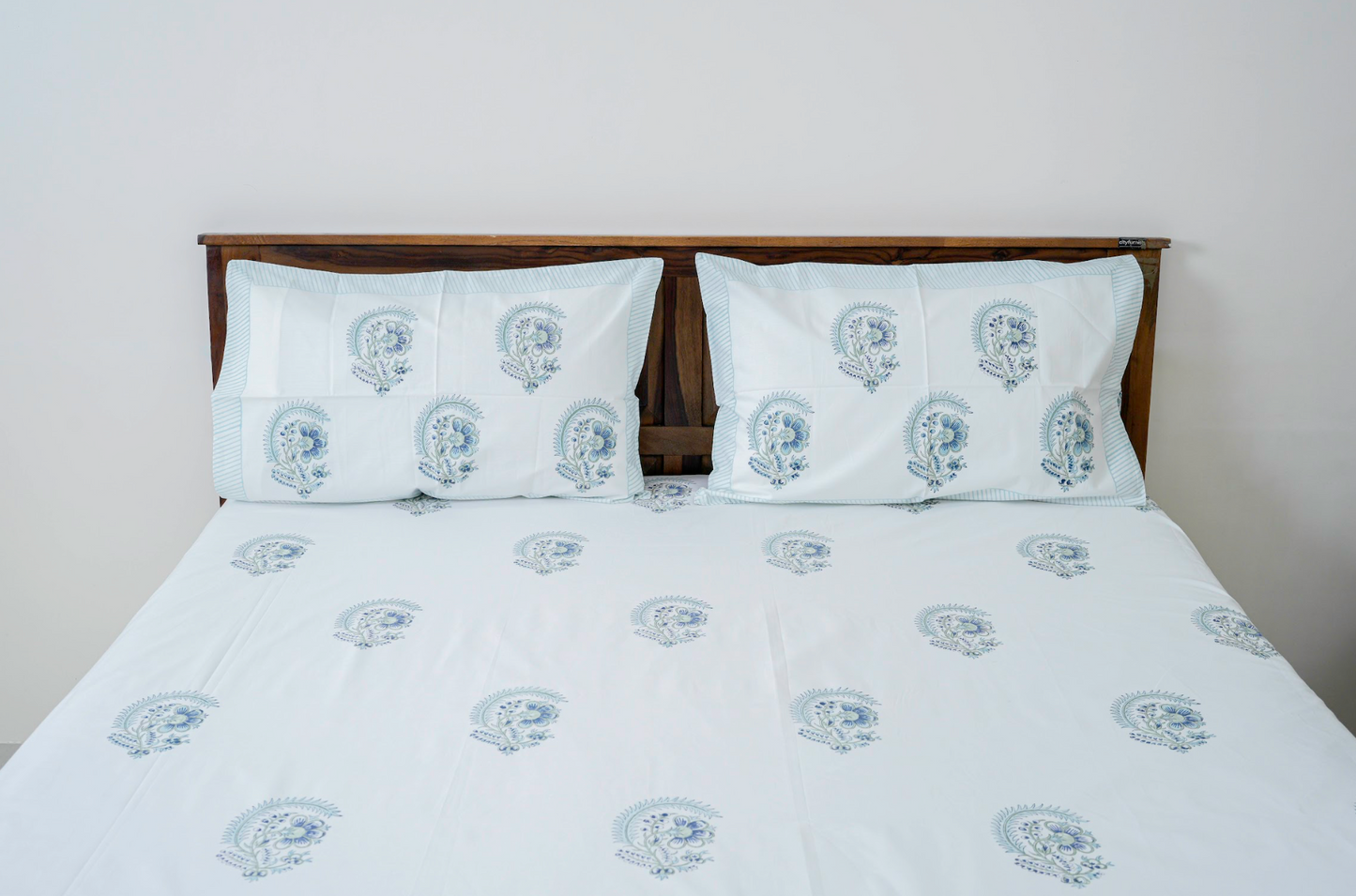 Morning Glory in Blue|Handblock printed Bedsheet|Double bed: King Size |300 TC Premium Cotton|Reversibe pillow covers