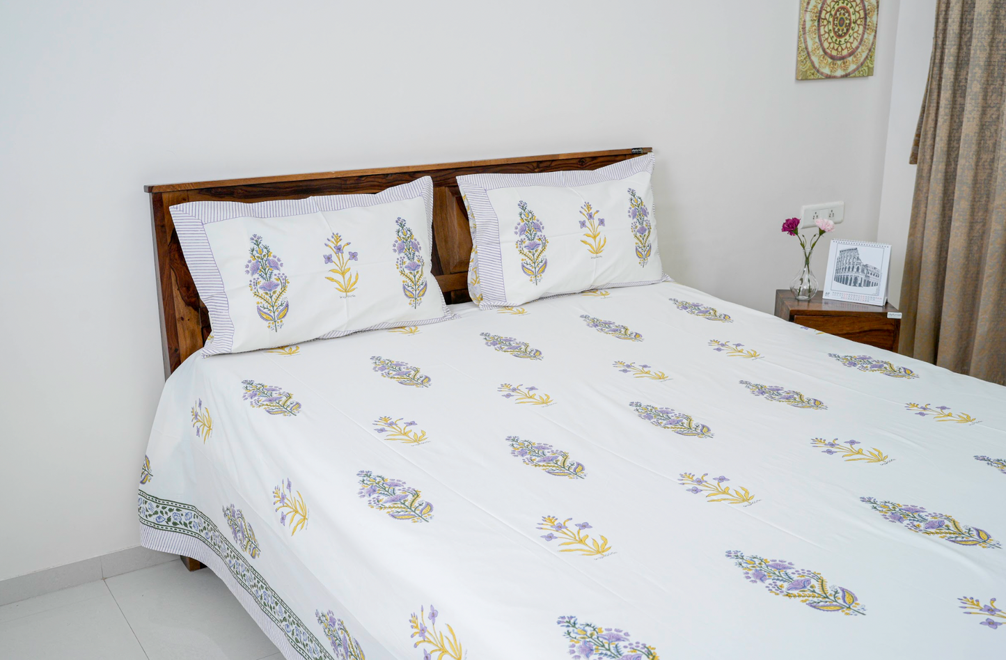 Pretti in Purple|Handblock printed Bedsheet|Double bed: King Size |300 TC Premium Cotton|Reversibe pillow covers