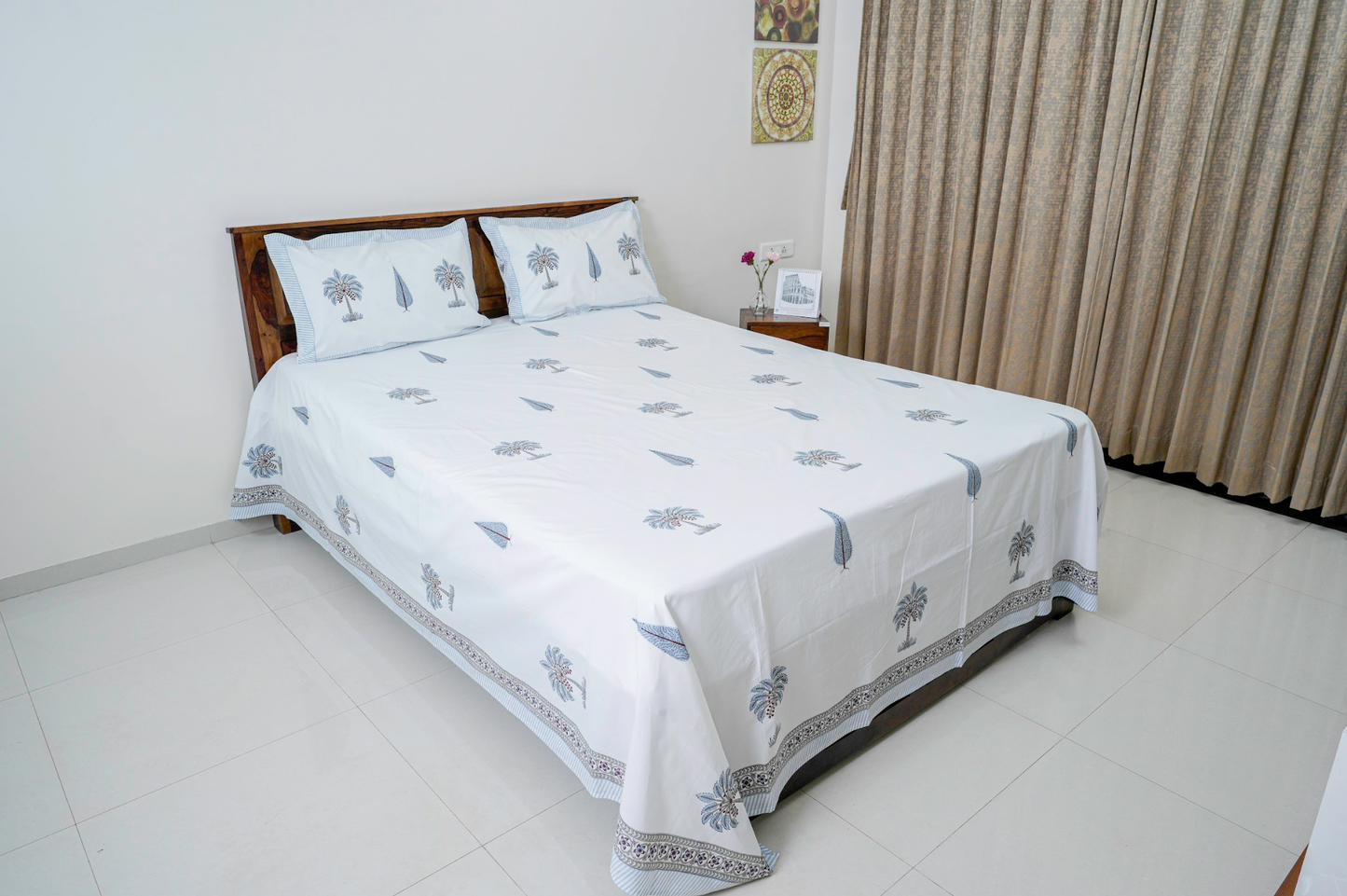 Cypress leaf and palm |Handblock printed Bedsheet|Double bed: King Size |300 TC Premium Cotton|Reversibe pillow covers