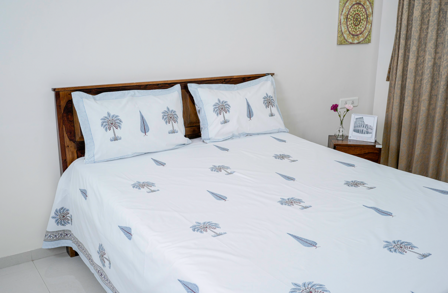 Cypress leaf and palm |Handblock printed Bedsheet|Double bed: King Size |300 TC Premium Cotton|Reversibe pillow covers