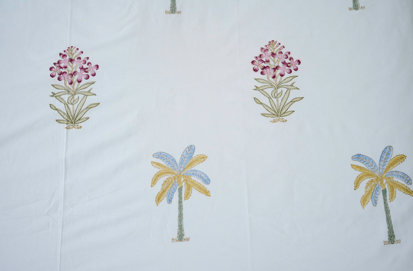 Palm and flowers|Handblock printed Bedsheet|Double bed: King Size |300 TC Premium Cotton|Reversibe pillow covers