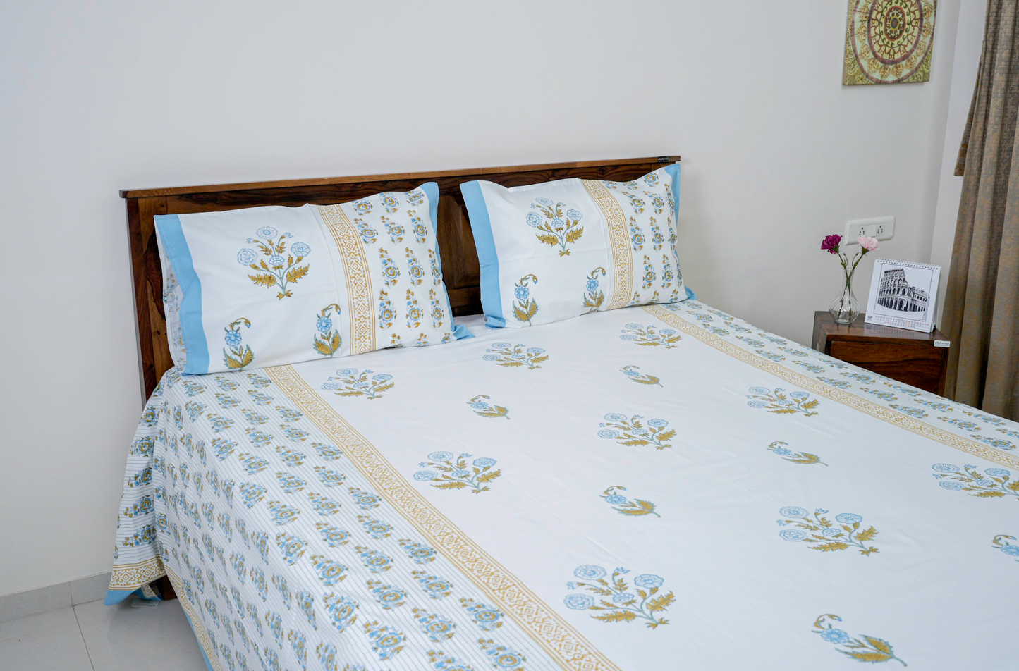 Summer freshness| Handblock printed Bedsheet|Double bed: King Size |300 TC Premium Cotton|Reversibe pillow covers