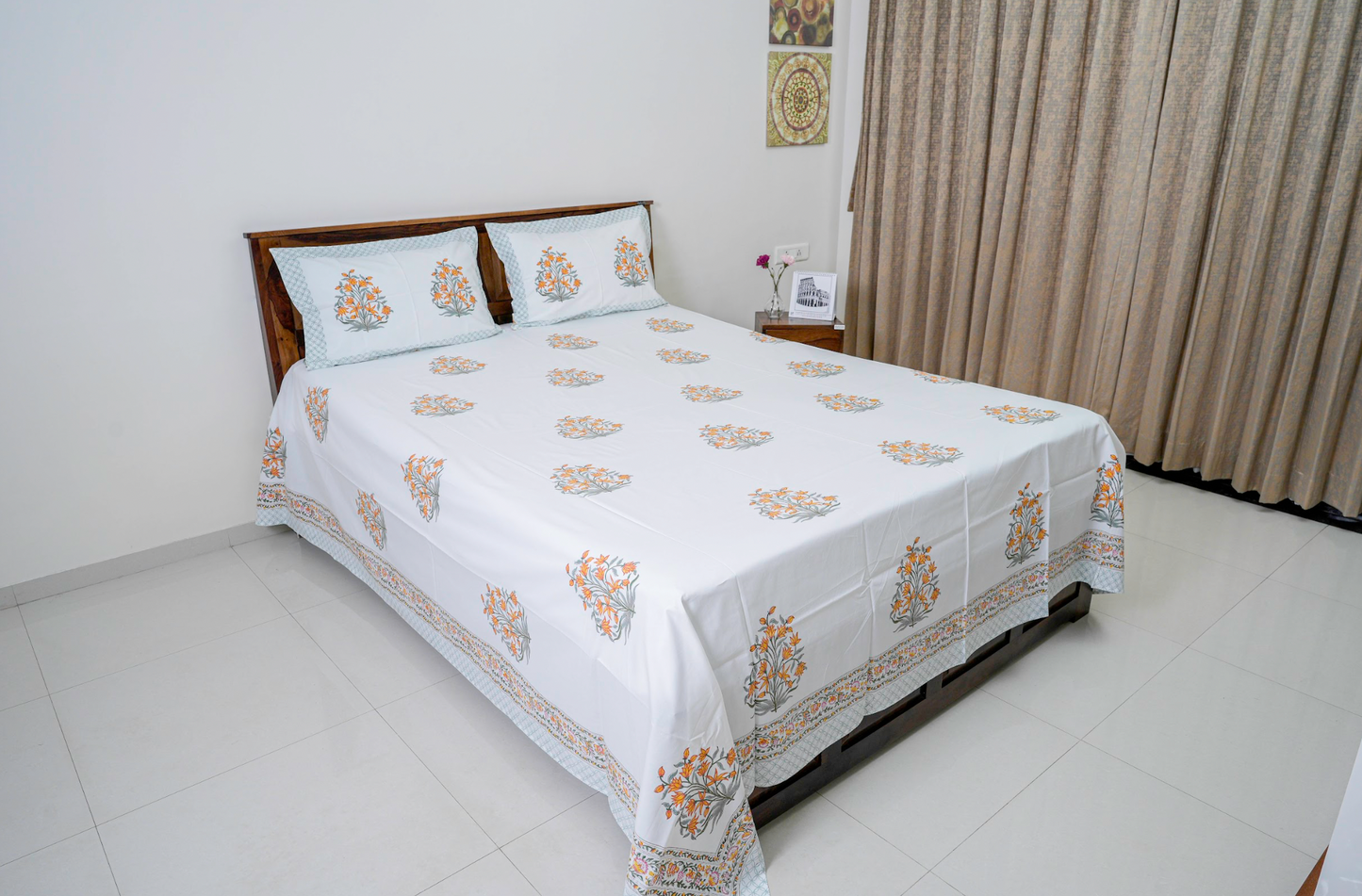 Yellow Jasmine | Handblock printed Bedsheet|Double bed: King Size |300 TC Premium Cotton|Reversible pillow covers