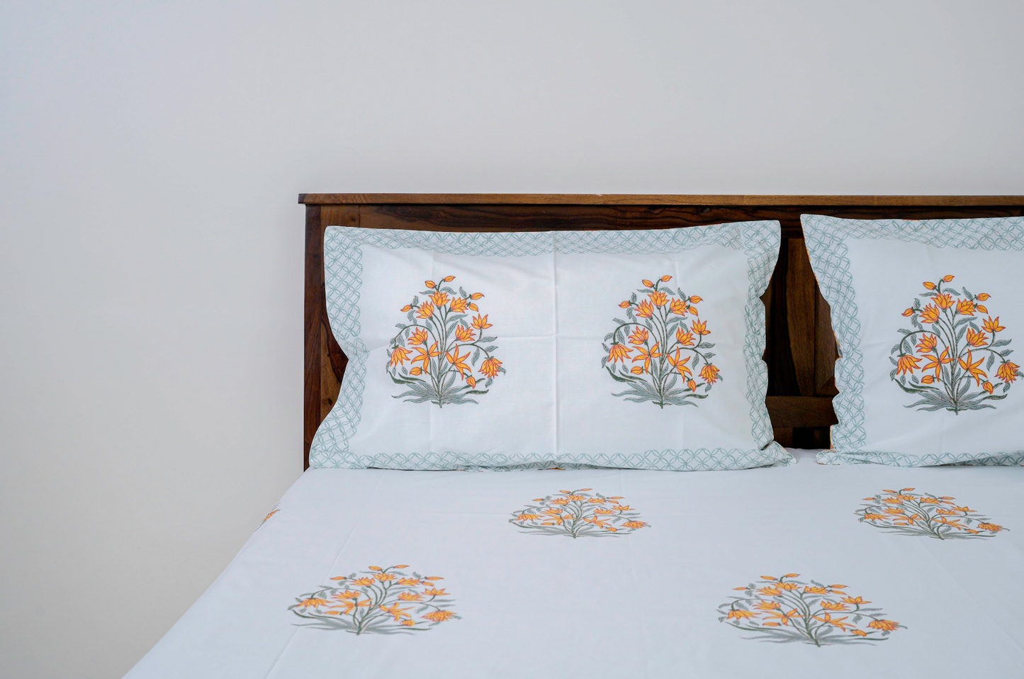 Yellow Jasmine | Handblock printed Bedsheet|Double bed: King Size |300 TC Premium Cotton|Reversible pillow covers