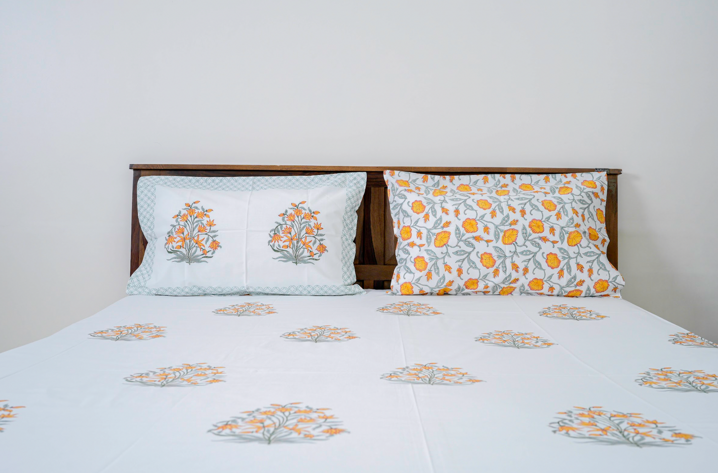 Yellow Jasmine | Handblock printed Bedsheet|Double bed: King Size |300 TC Premium Cotton|Reversible pillow covers