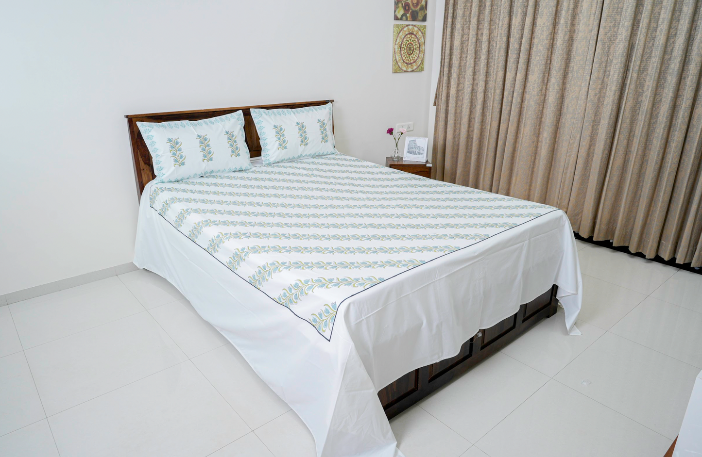 Poppy field | Handblock printed Bedsheet|Double bed: King  Size |400 TC Premium Cotton| Complementing pillow covers