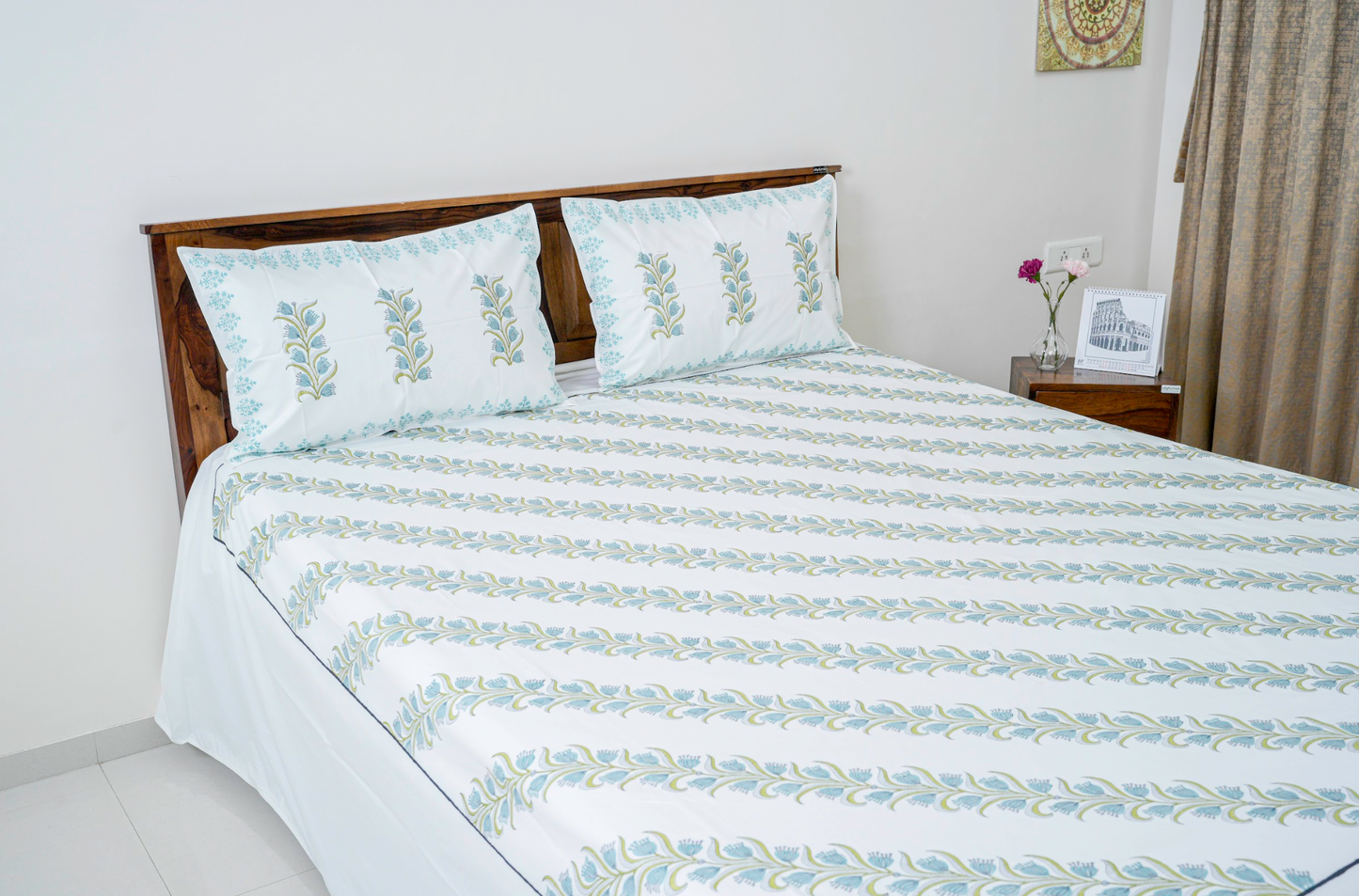 Poppy field | Handblock printed Bedsheet|Double bed: King  Size |400 TC Premium Cotton| Complementing pillow covers