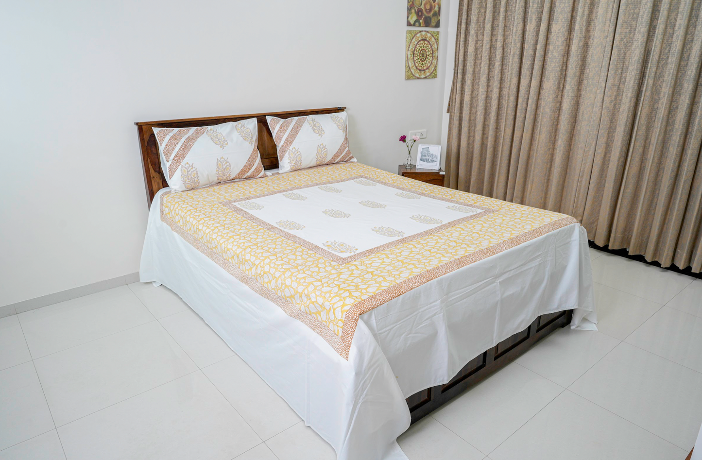 Autumn Fall  | Handblock printed Bedsheet|Double bed: King  Size |400 TC Premium Cotton| Complementing pillow covers