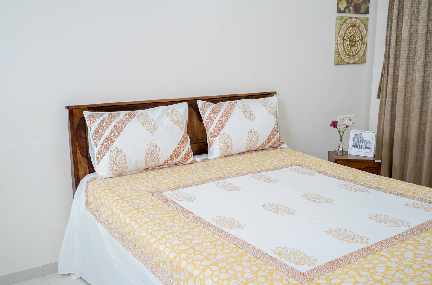 Autumn Fall  | Handblock printed Bedsheet|Double bed: King  Size |400 TC Premium Cotton| Complementing pillow covers