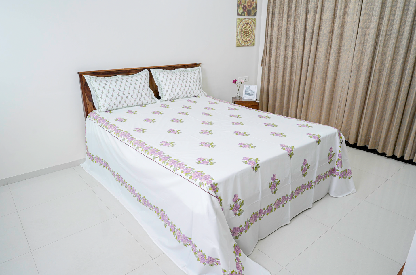 Bed of roses | Handblock printed Bedsheet|Double bed: King  Size |400 TC Premium Cotton| Complementing pillow covers