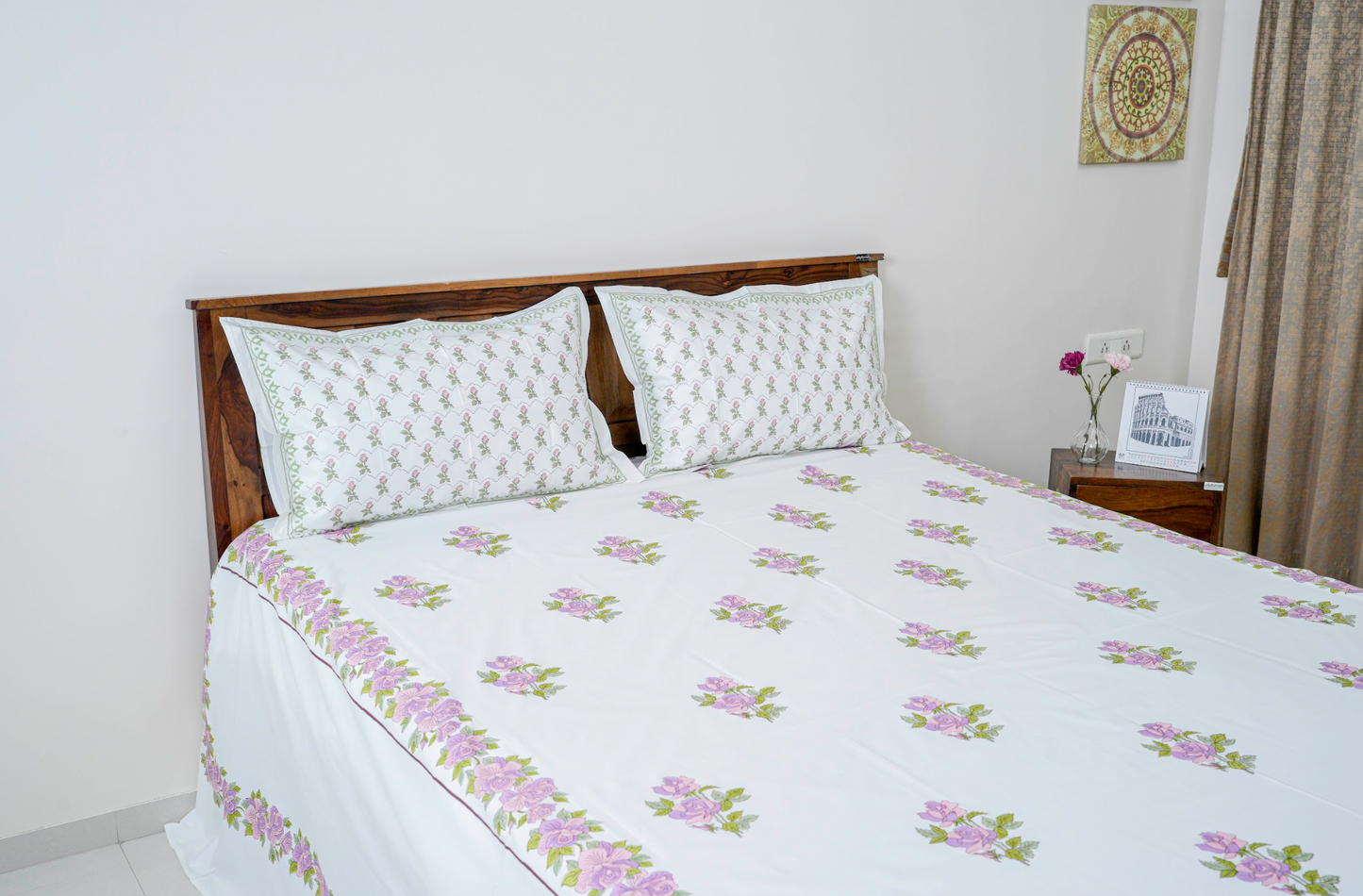 Bed of roses | Handblock printed Bedsheet|Double bed: King  Size |400 TC Premium Cotton| Complementing pillow covers