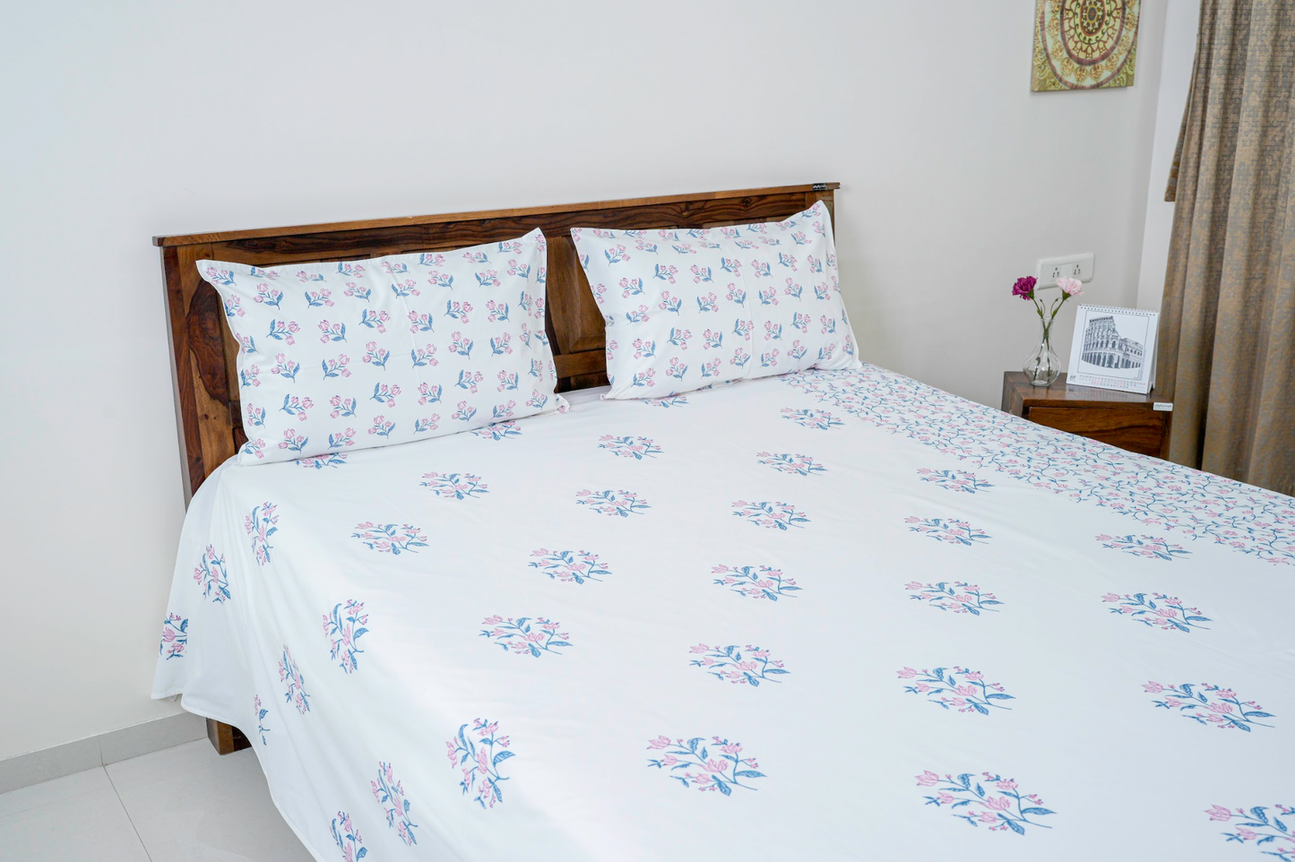 Medley of roses | Handblock printed Bedsheet|Double bed: King  Size |400 TC Premium Cotton| Complementing pillow covers