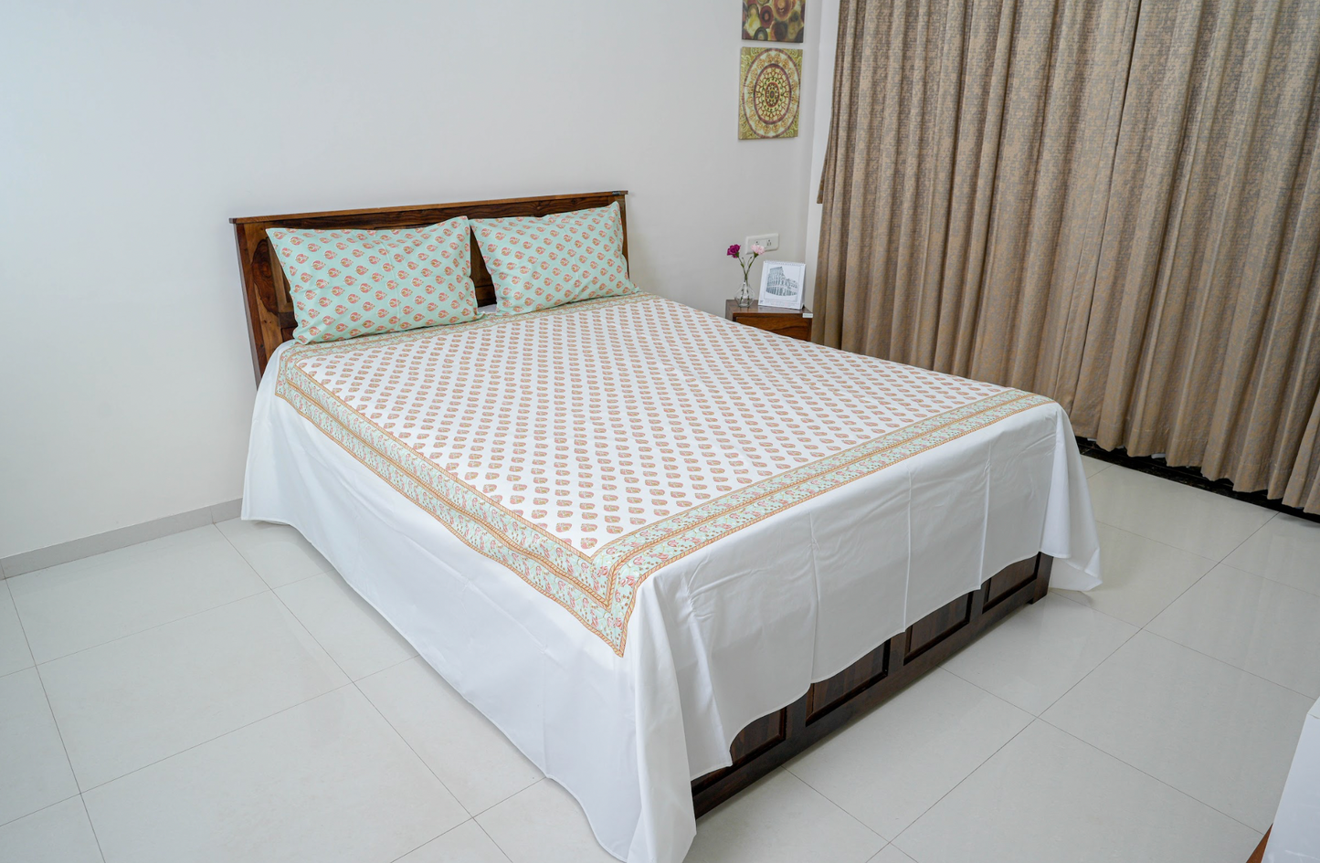 Leafy Peacock| Handblock printed Bedsheet|Double bed: King  Size |400 TC Premium Cotton| Complementing pillow covers