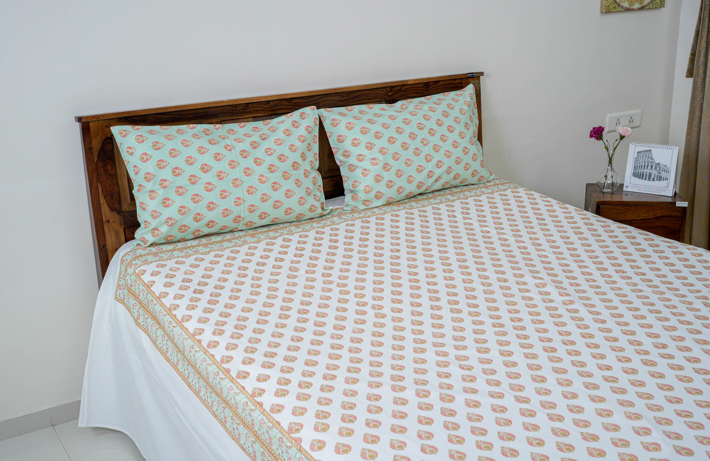 Leafy Peacock| Handblock printed Bedsheet|Double bed: King  Size |400 TC Premium Cotton| Complementing pillow covers