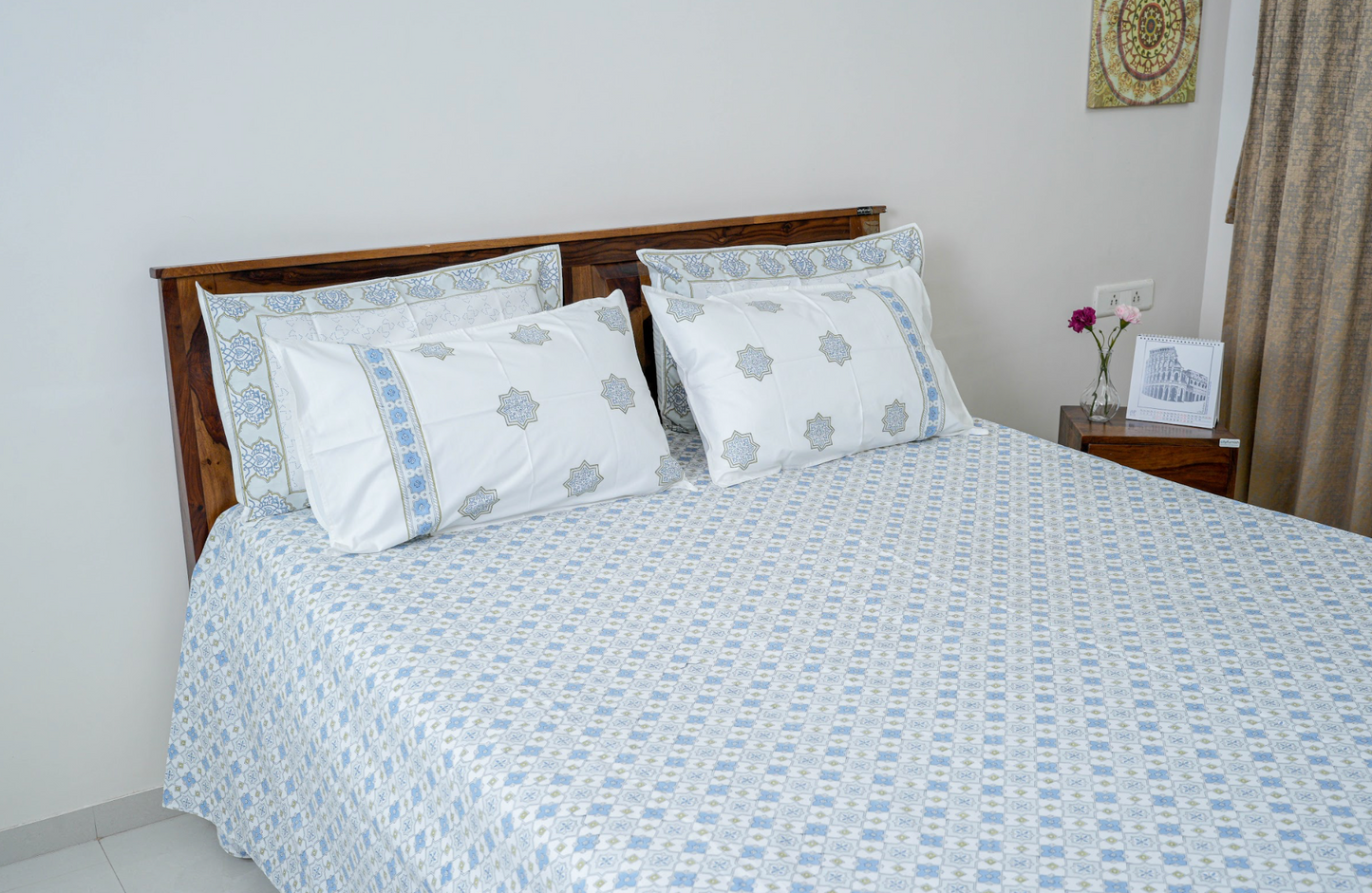 Sitaarein | | Handblock printed Bedsheet|Double bed: King Size |400 TC Premium Cotton|4 Complementing pillow covers in two designs