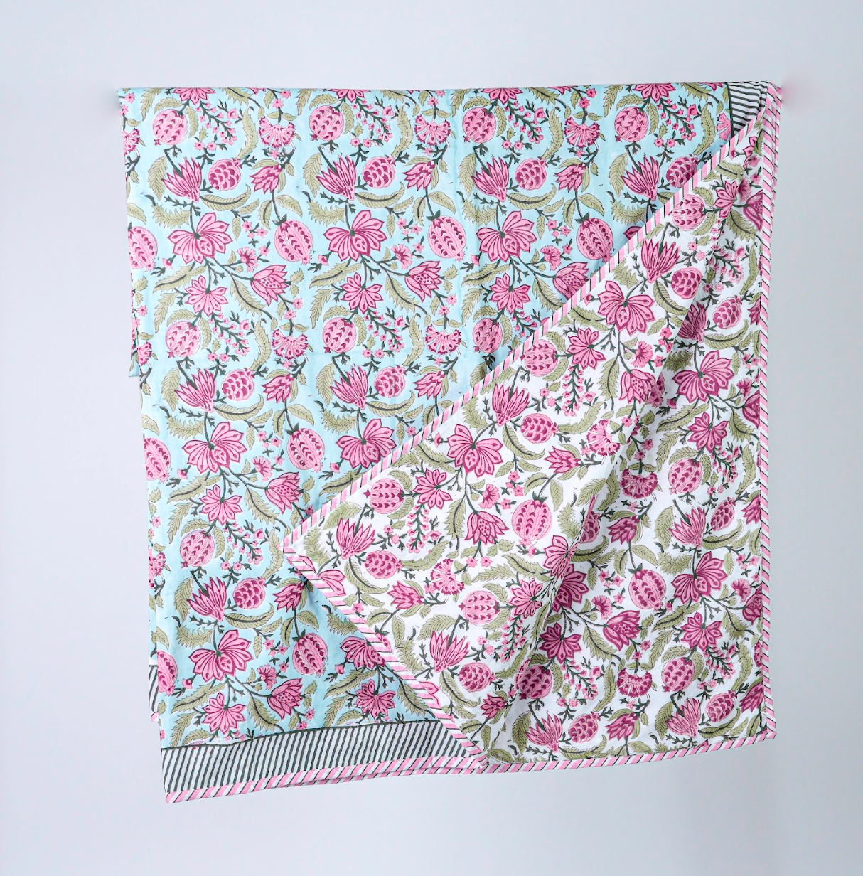 Pink roses on blue | Handblock printed Reversible Mulmul Dohar