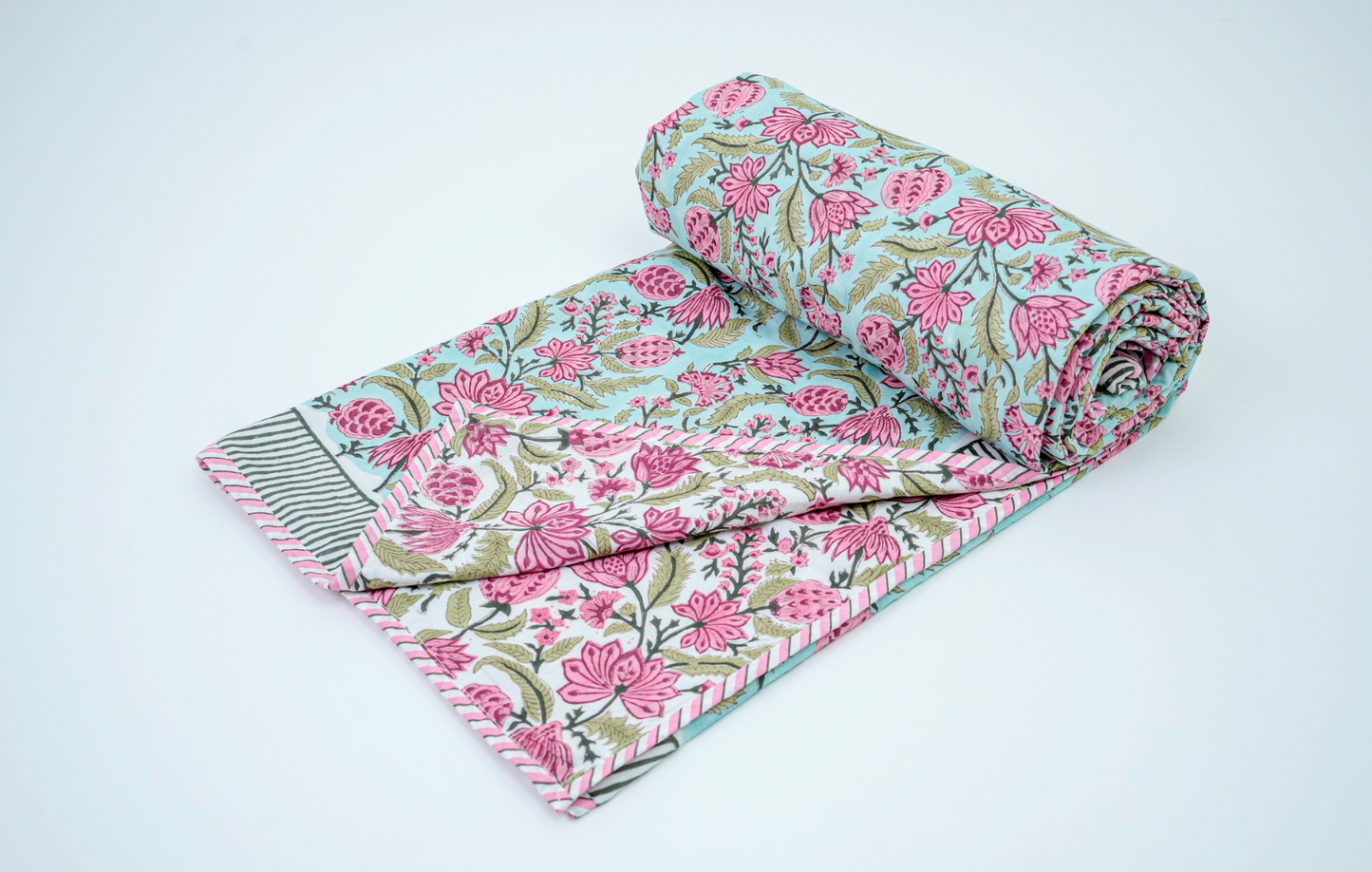 Pink roses on blue | Handblock printed Reversible Mulmul Dohar