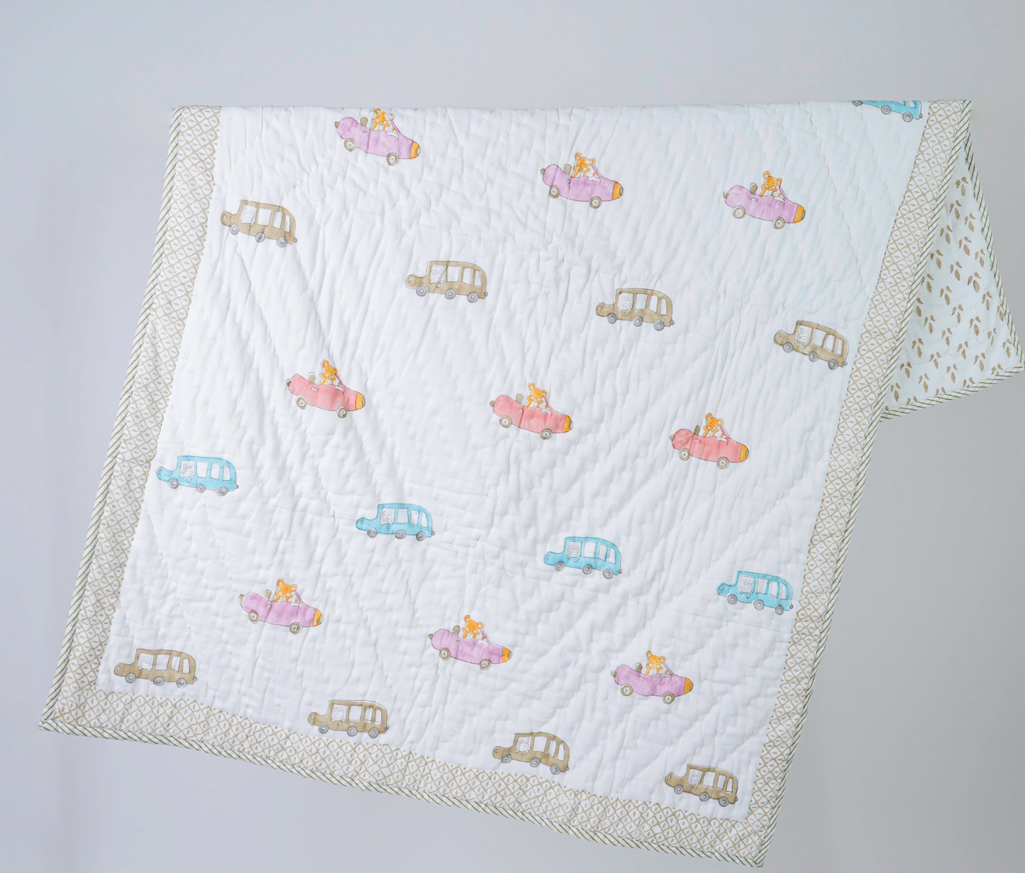 Cars motiff |Hand Block printed|Cotton Quilt for Kids| Reversible| Kids Blanket