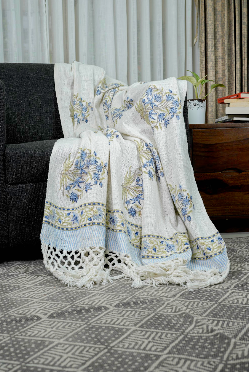 Handblock printed Sofa throw with tassels| Cotton Yarn