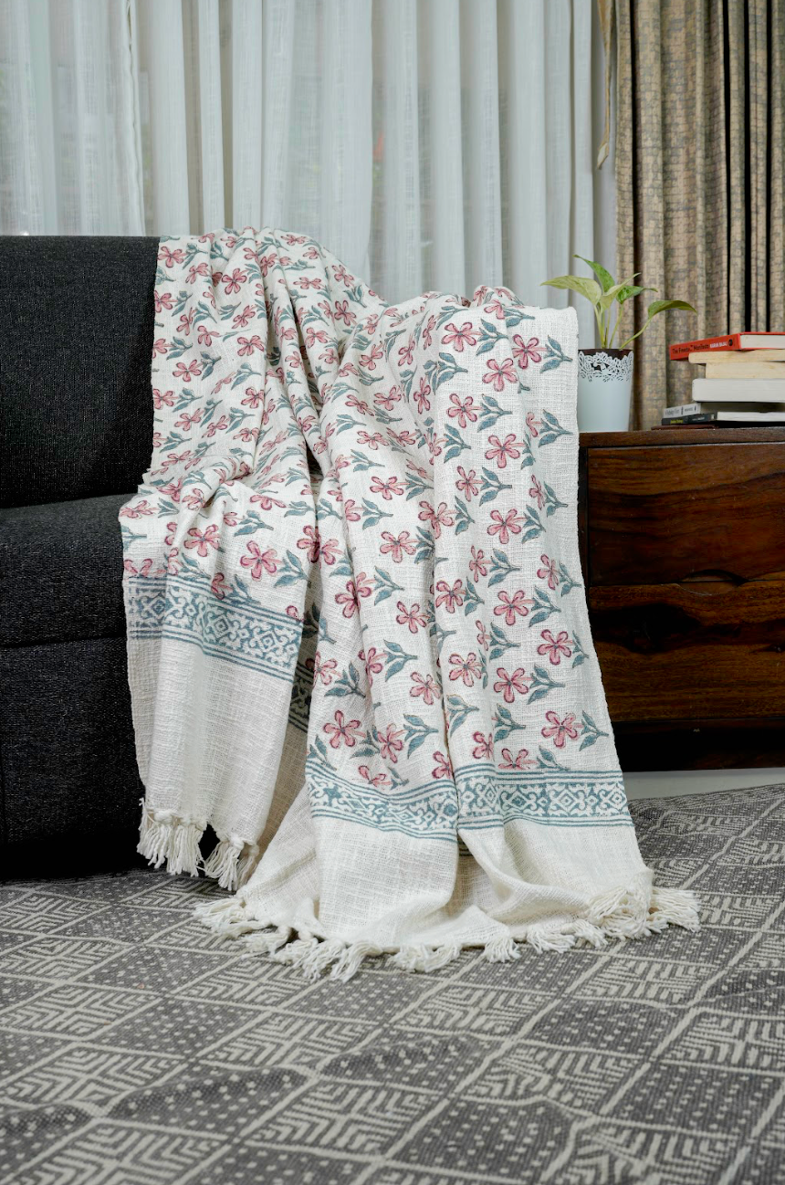 Handblock printed Sofa throw with tassels| Cotton Yarn