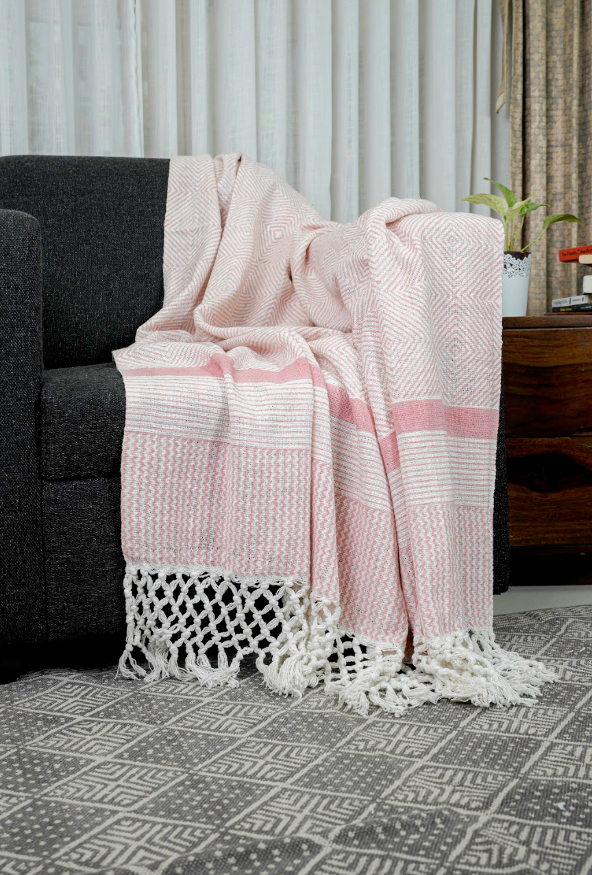 Handblock printed Sofa throw with tassels| Cotton Yarn