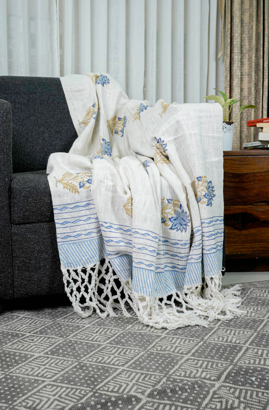 Handblock printed Sofa throw with tassels| Cotton Yarn