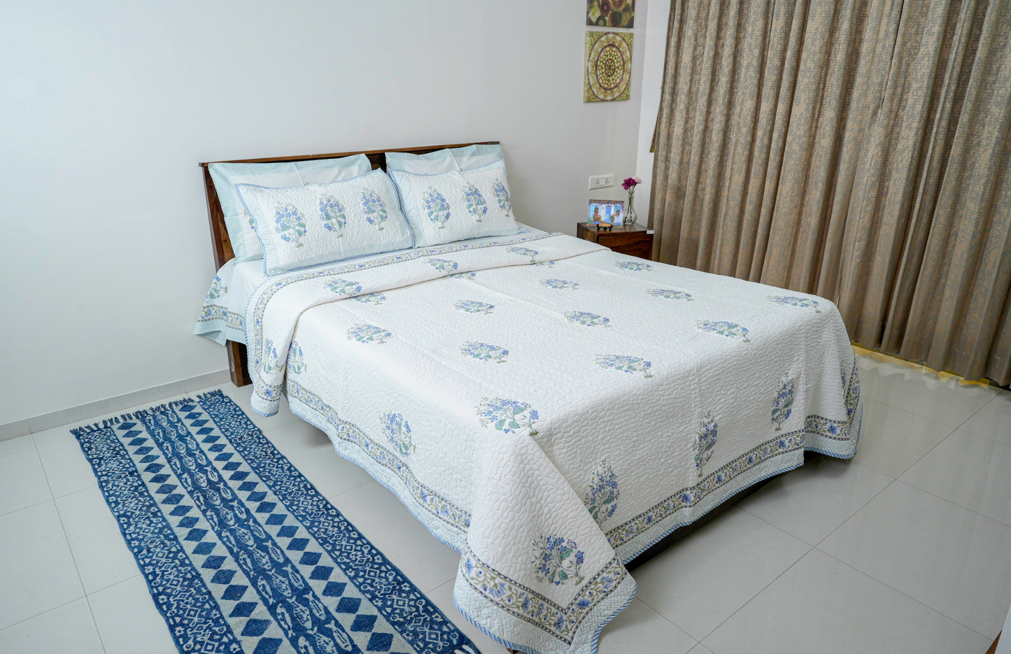 Blue Jasmine|Handblock printed Quilted Bedcover|Double bed: Queen Size |Premium MulmulCotton|Organic Cotton sheet filling|Complementing  pillow covers