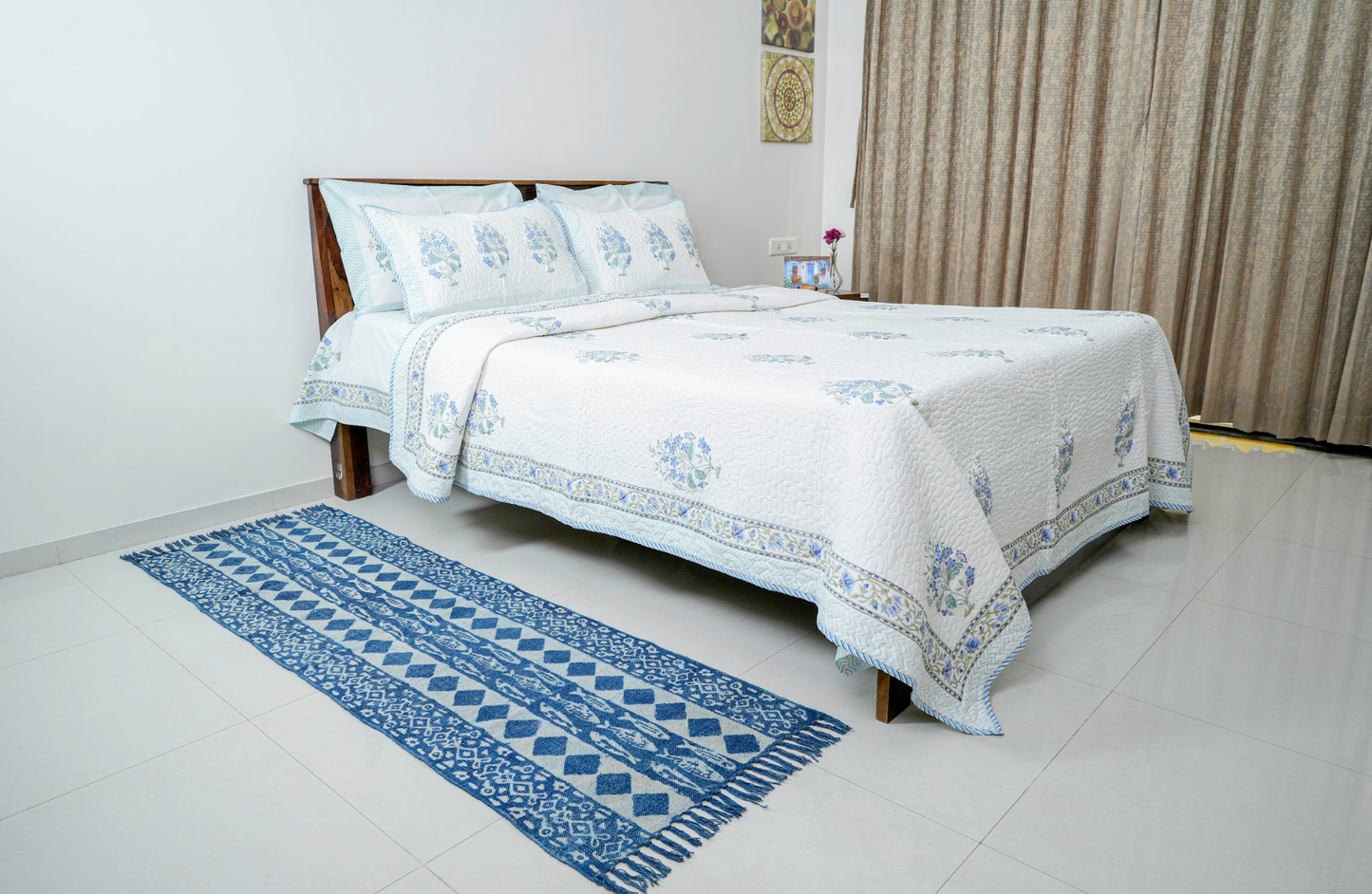 Blue Jasmine|Handblock printed Quilted Bedcover|Double bed: Queen Size |Premium MulmulCotton|Organic Cotton sheet filling|Complementing  pillow covers