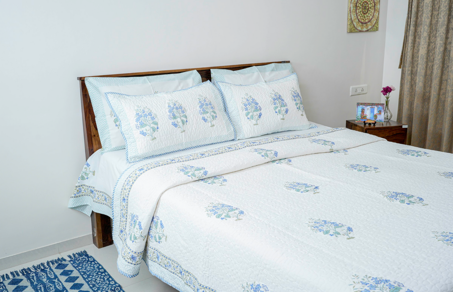 Blue Jasmine|Handblock printed Quilted Bedcover|Double bed: Queen Size |Premium MulmulCotton|Organic Cotton sheet filling|Complementing  pillow covers