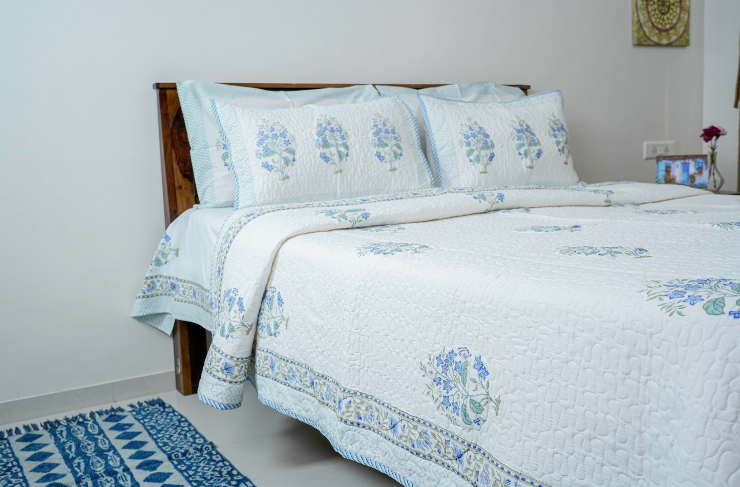 Blue Jasmine|Handblock printed Quilted Bedcover|Double bed: Queen Size |Premium MulmulCotton|Organic Cotton sheet filling|Complementing  pillow covers