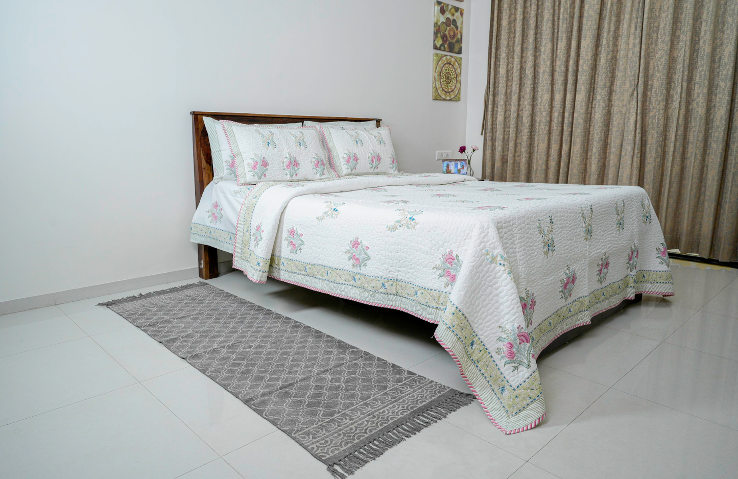 Spring Bloom|Handblock printed Quilted Bedcover|Double bed: Queen Size |Premium MulmulCotton|Organic Cotton sheet filling|Complementing  pillow covers